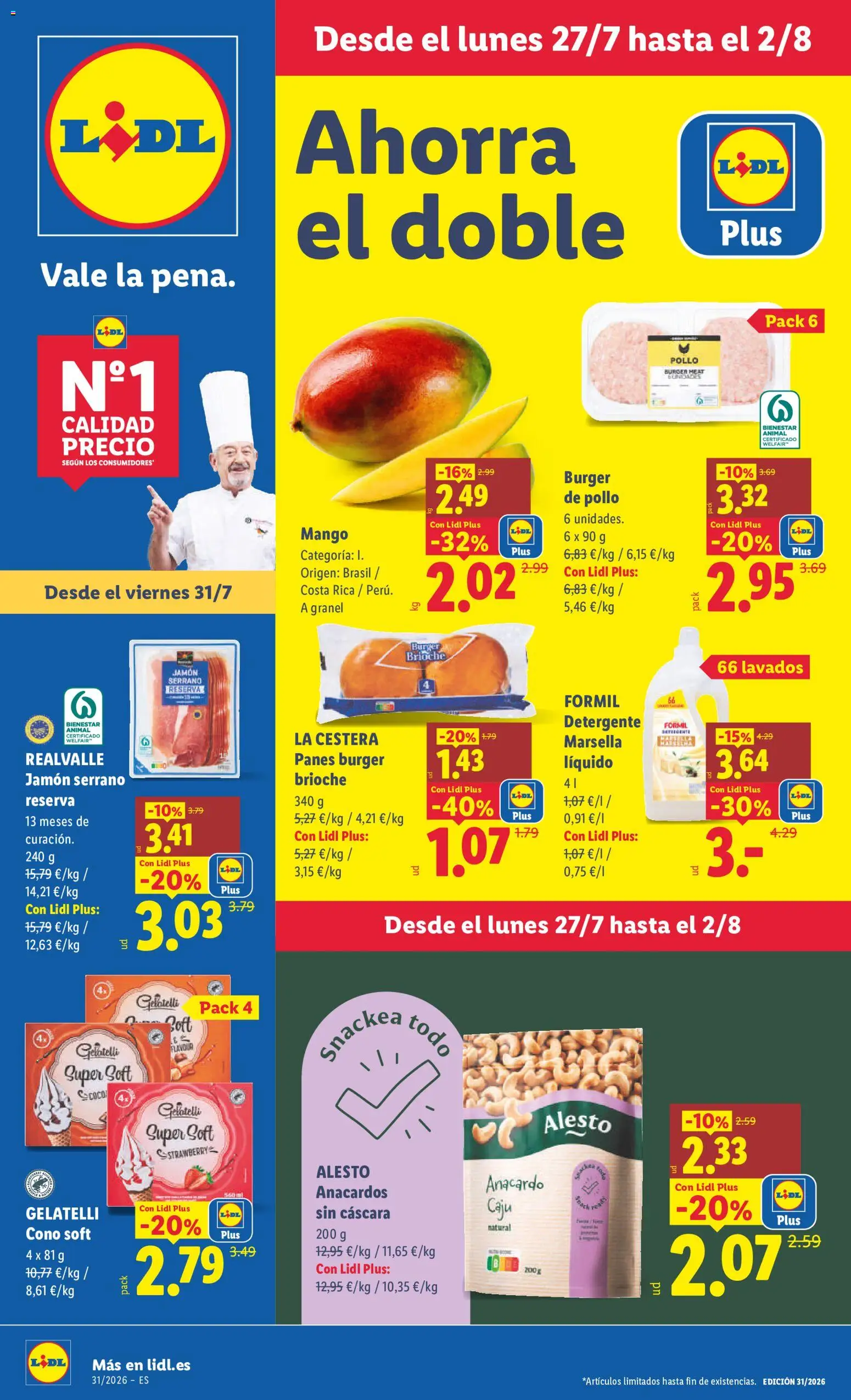 Lidl folleto │ válido desde el 27/07/2026 | Página: 1 | Productos: Jamón serrano, Detergente, Jamón, Ρούτερ