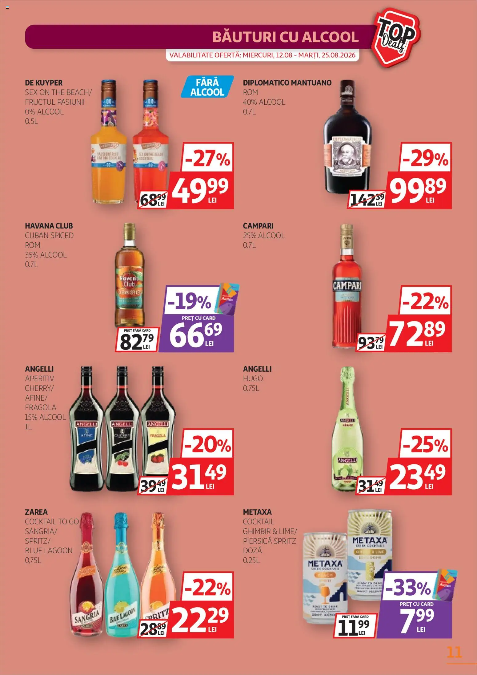 Noul catalog Auchan – valabil de la 12.08.2026 | Pagină: 11 | Produse: Piersică, Metaxa, Cocktail, Hugo