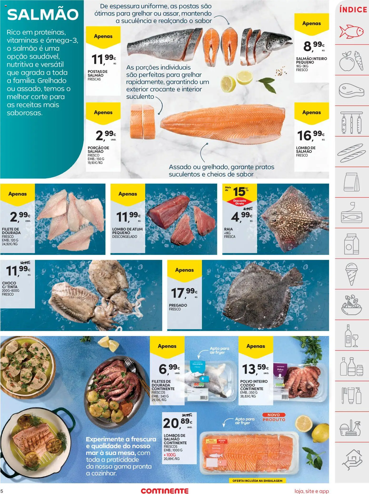 Continente folheto │ válido de 04/08/2026 | Página: 5 | Produtos: Atum, Air fryer, Tinta, Salmão