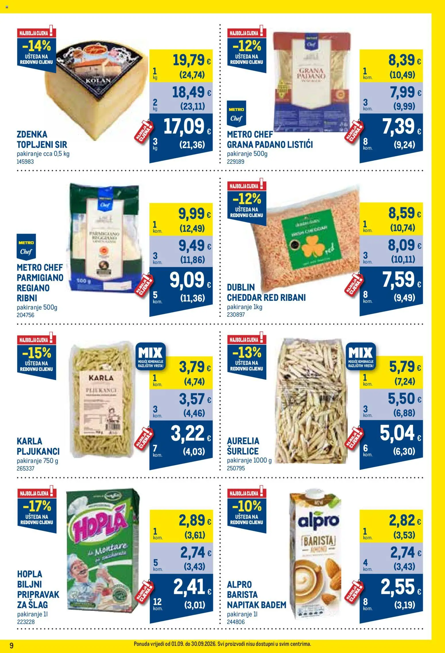 Metro katalog | vrijedi od 01.09.2026 | Stranica: 9 | Proizvodi: Topljeni sir, Grana Padano, Sir, Alpro