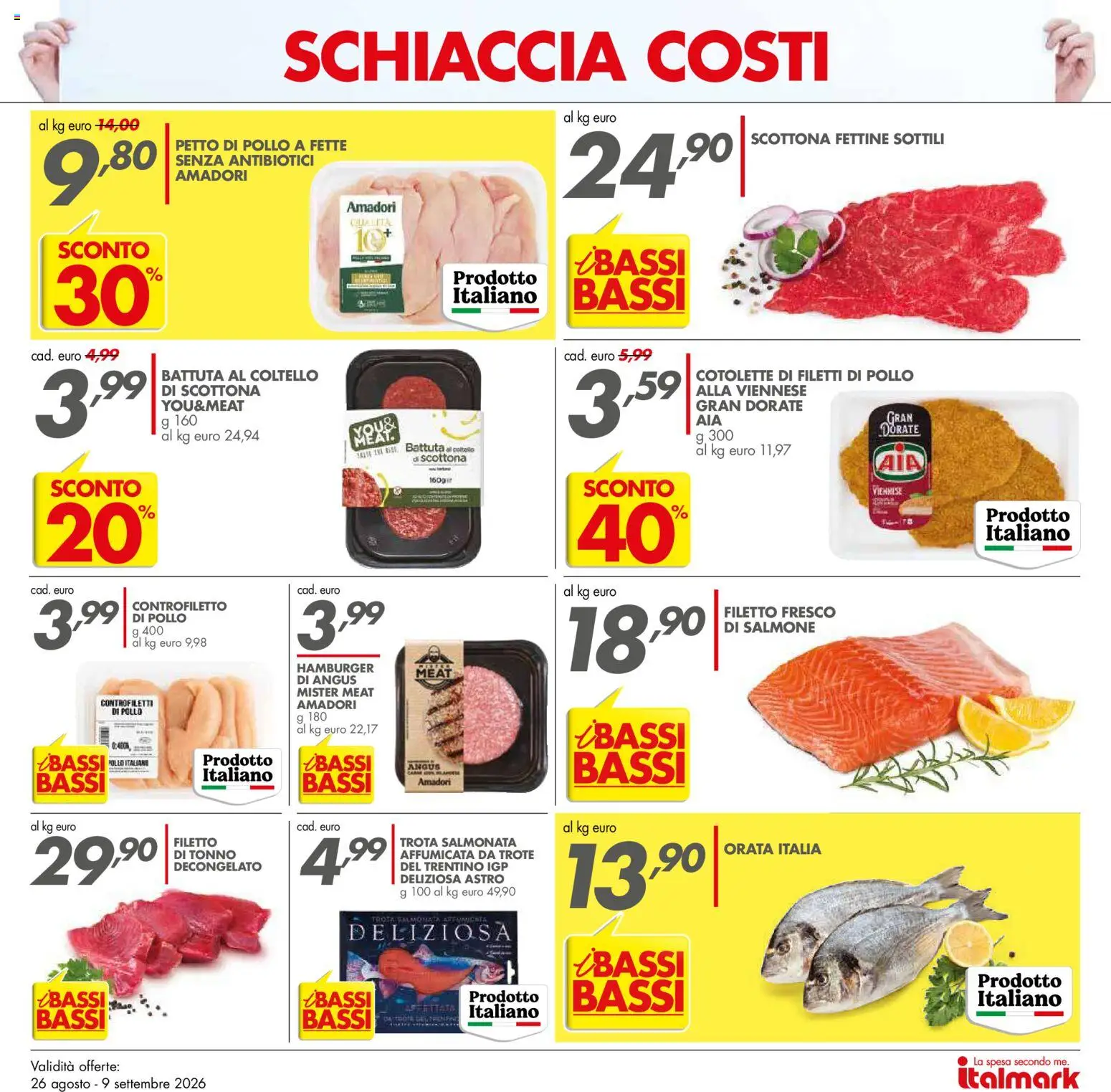 Volantino Italmark del 26/08/2026 | Pagina: 18 | Prodotti: Petto di Pollo, Orata, Tonno, Hamburger