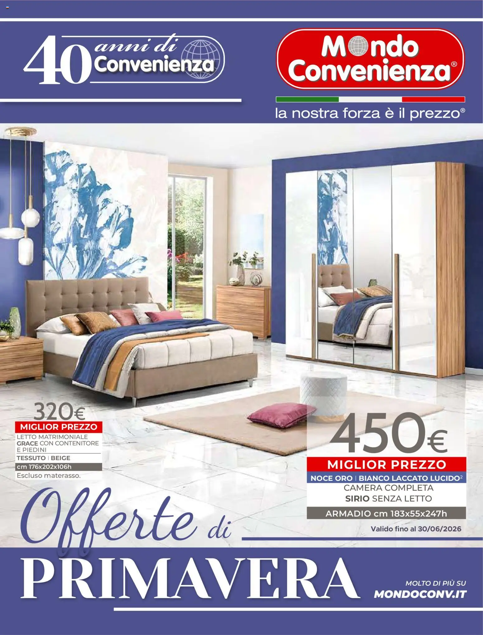 Volantino Mondo Convenienza del 01.04.2026 | Pagina: 1 | Prodotti: Letto matrimoniale, Contenitore, Letto, Armadio