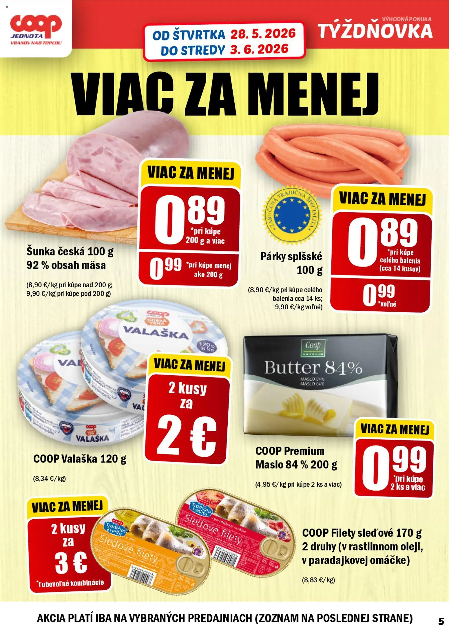 Nové COOP Jednota akcie – leták je platný od 28.05.2026 | Strana: 5 | Produkty: Maslo, Šunka, Párky