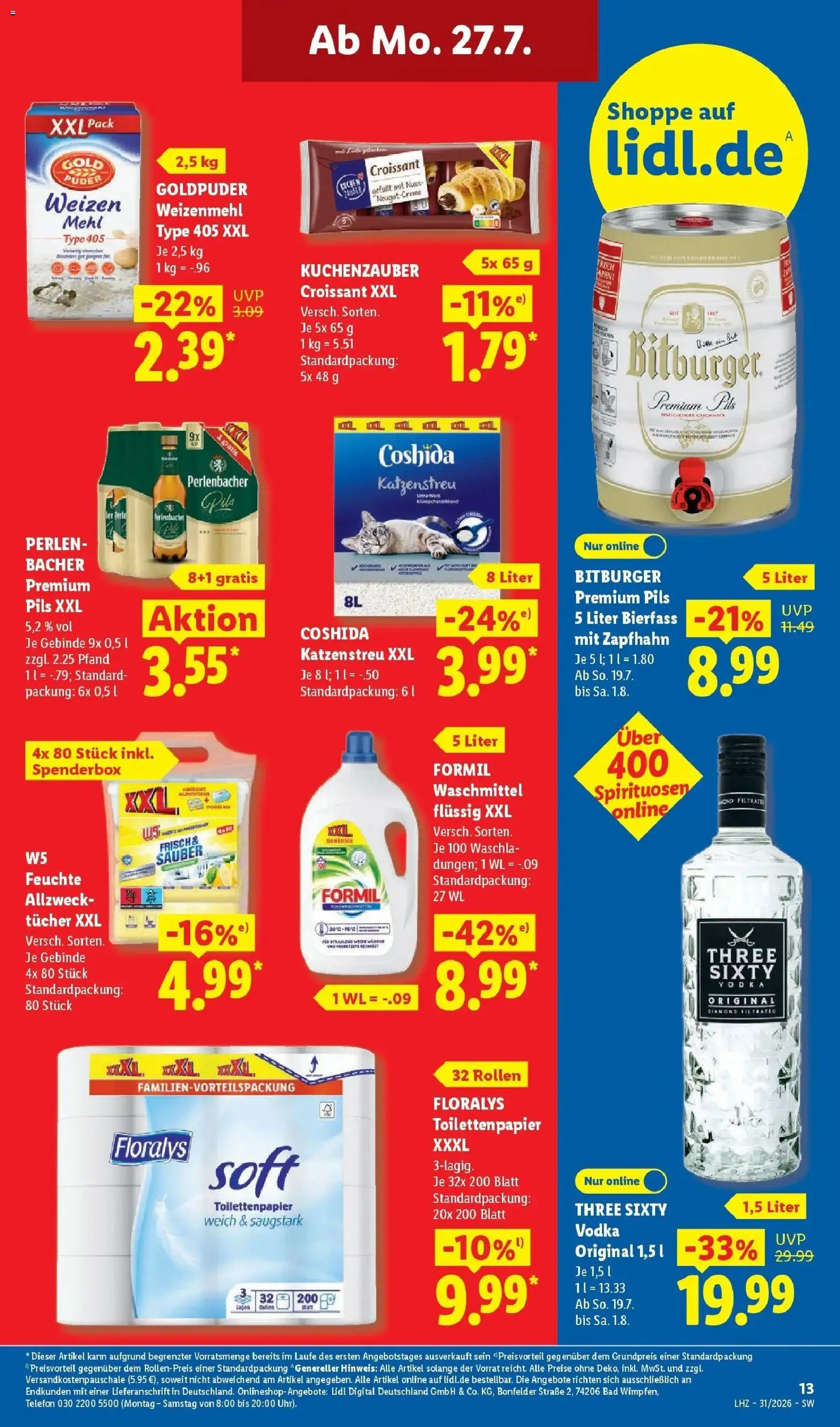 Lidl Prospekt Villingen-schwenningen – gültig ab 27.07.2026 | Seite: 23 | Produkte: Vodka, Kuchen, Mehl weizenmehl, Toilettenpapier