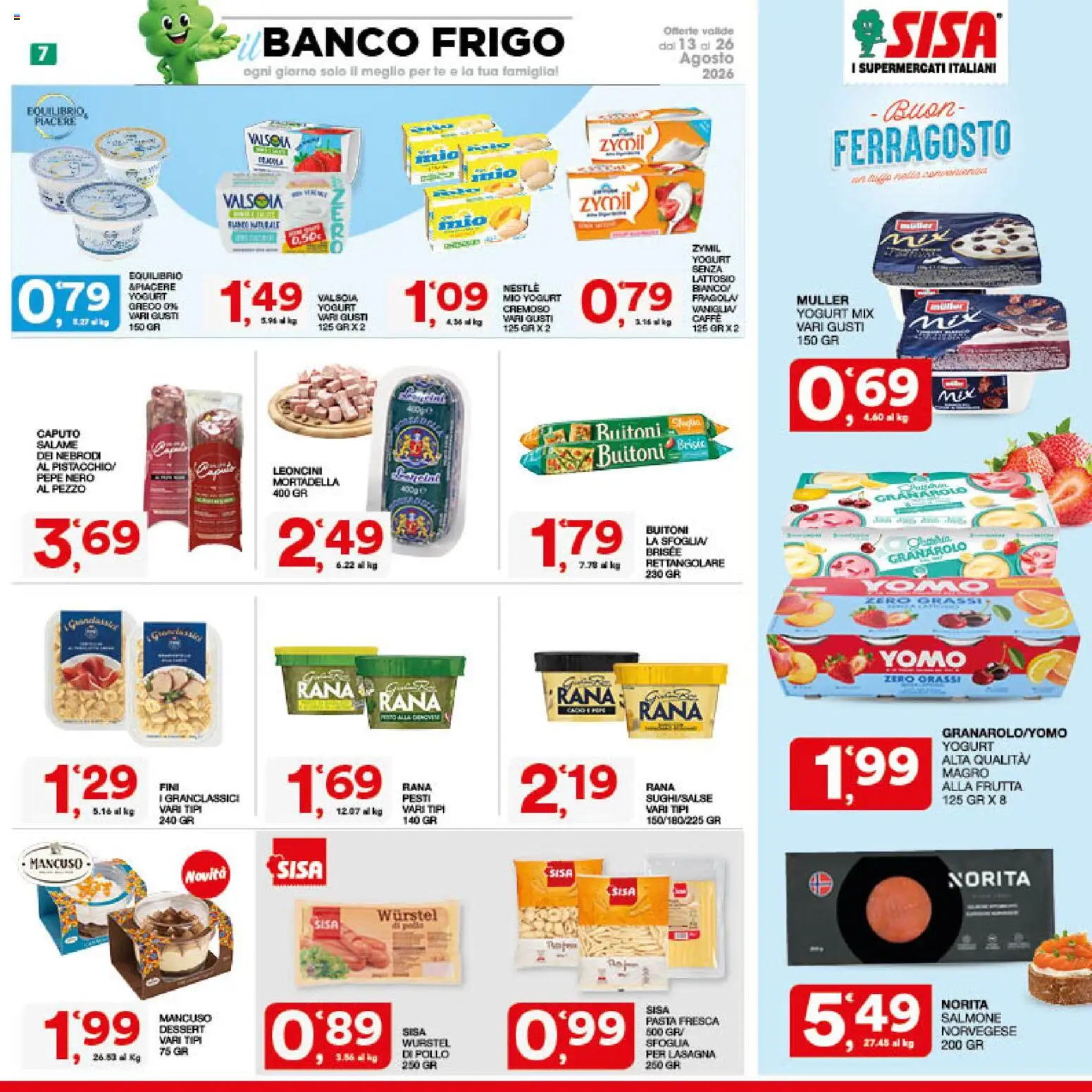 Volantino SISA del 13/08/2026 | Pagina: 7 | Prodotti: Yogurt greco, Salame, Pasta, Dessert