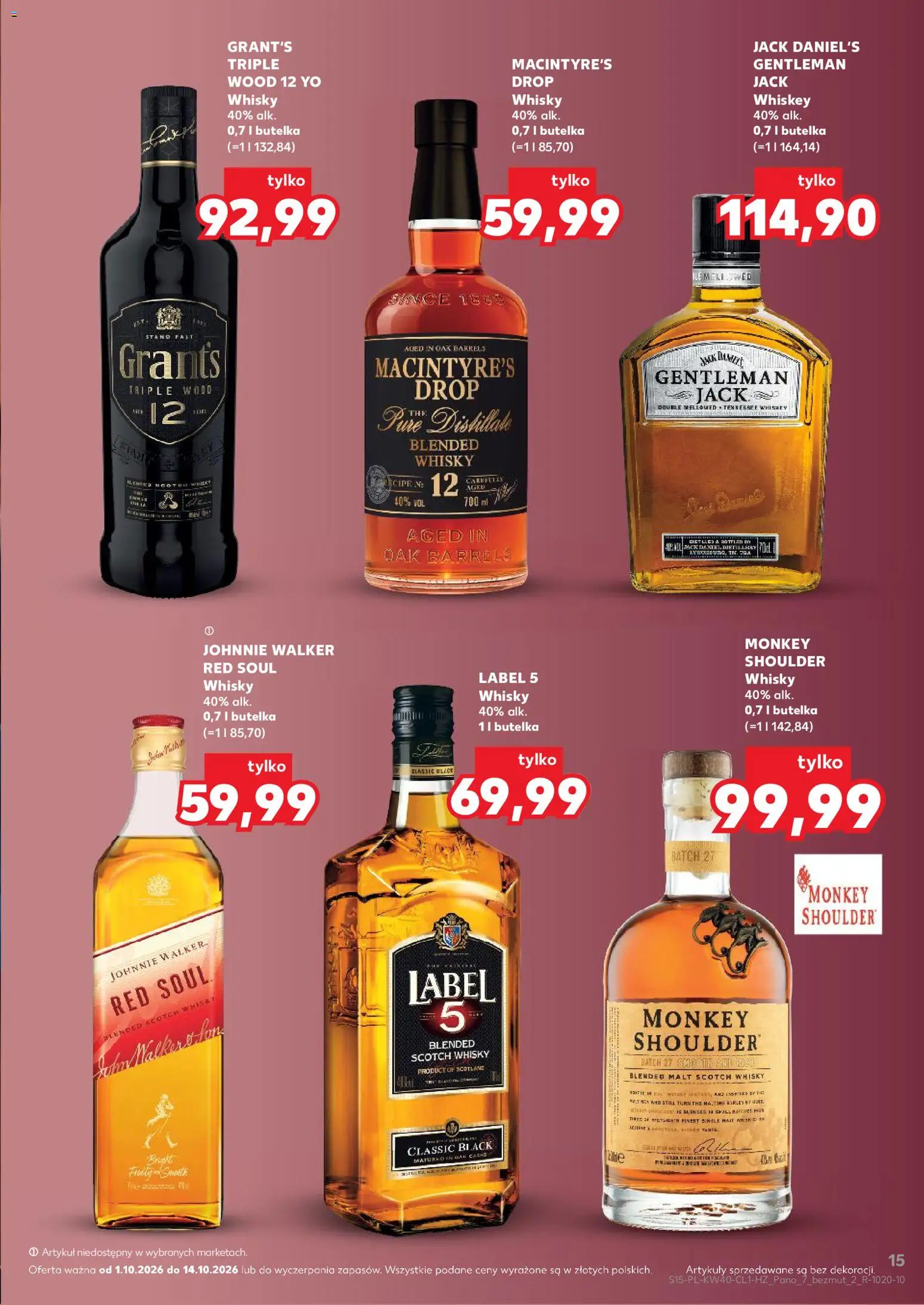 Kaufland Polsko leták - Barek od 01.10.2026 | Strana: 15 | Produkty: Finest, Whisky, Monkey Shoulder, Jack Daniel’s