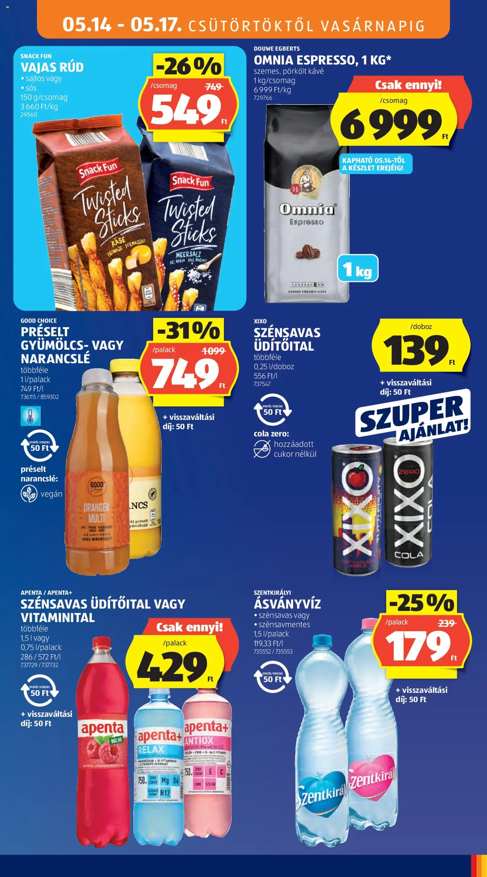 Aldi akciós ujság - amely érvényes a következő dátumtól: 14.05.2026 | Oldal: 15 | Termékek: Szentkirályi ásványvíz, Kávé, Ásványvíz, Cukor