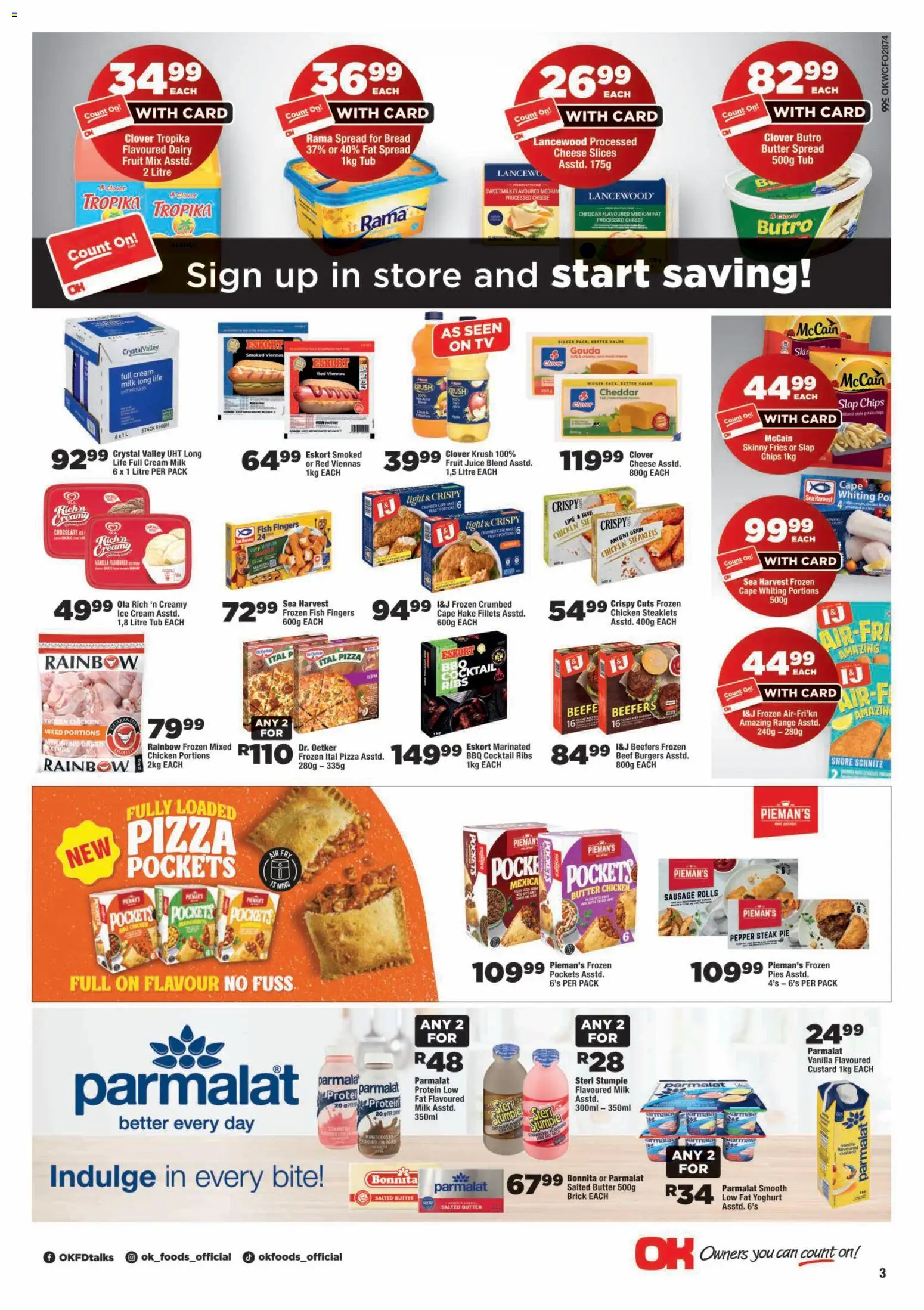 New OK Foods catalogue – valid from 24/07/2026 | Page: 3 | Products: Custard, Beef, Ice cream, Fruit