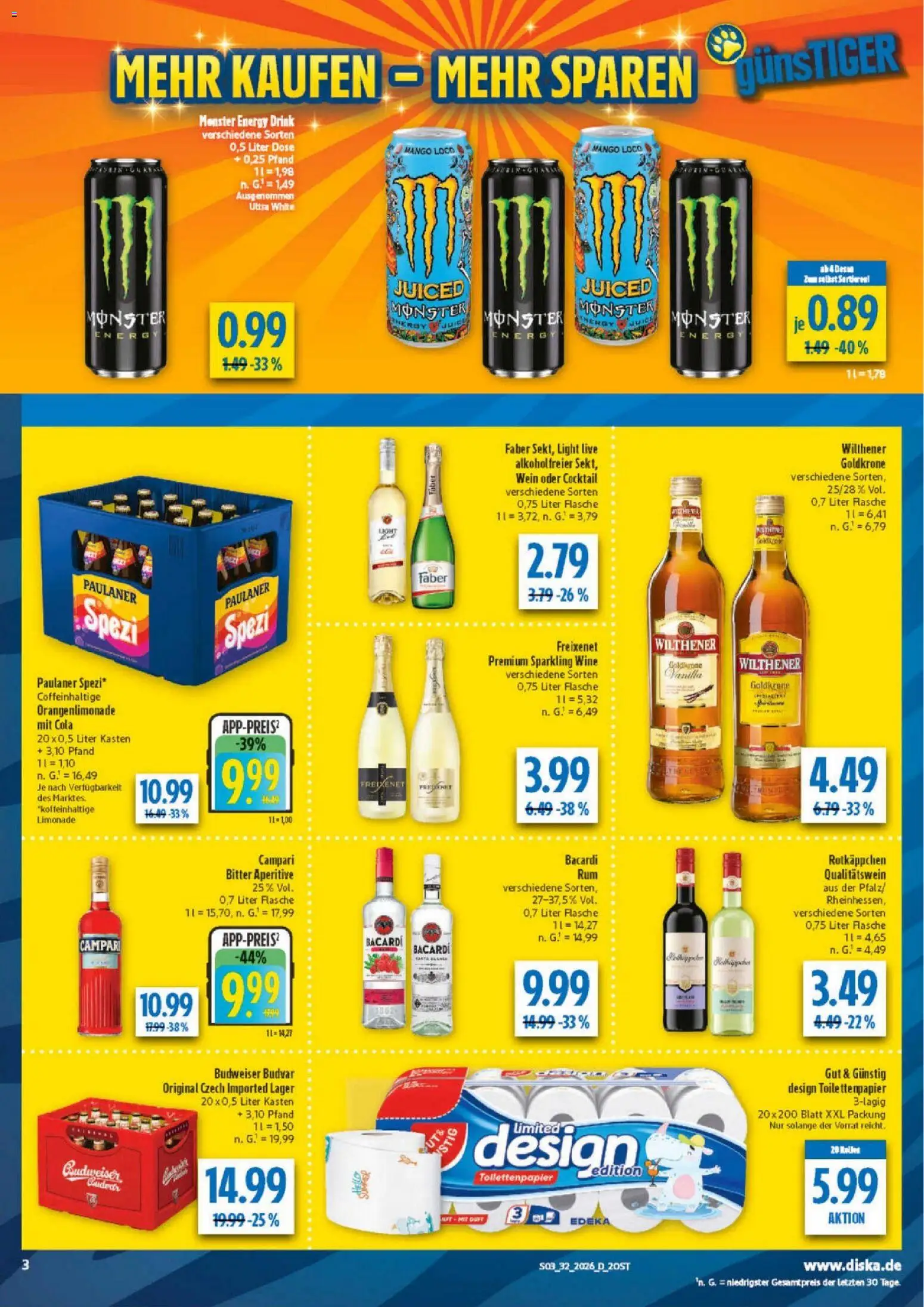 Diska Prospekt – gültig ab 03.08.2026 | Seite: 3 | Produkte: Cola, Energy, Rotkäppchen, Budweiser