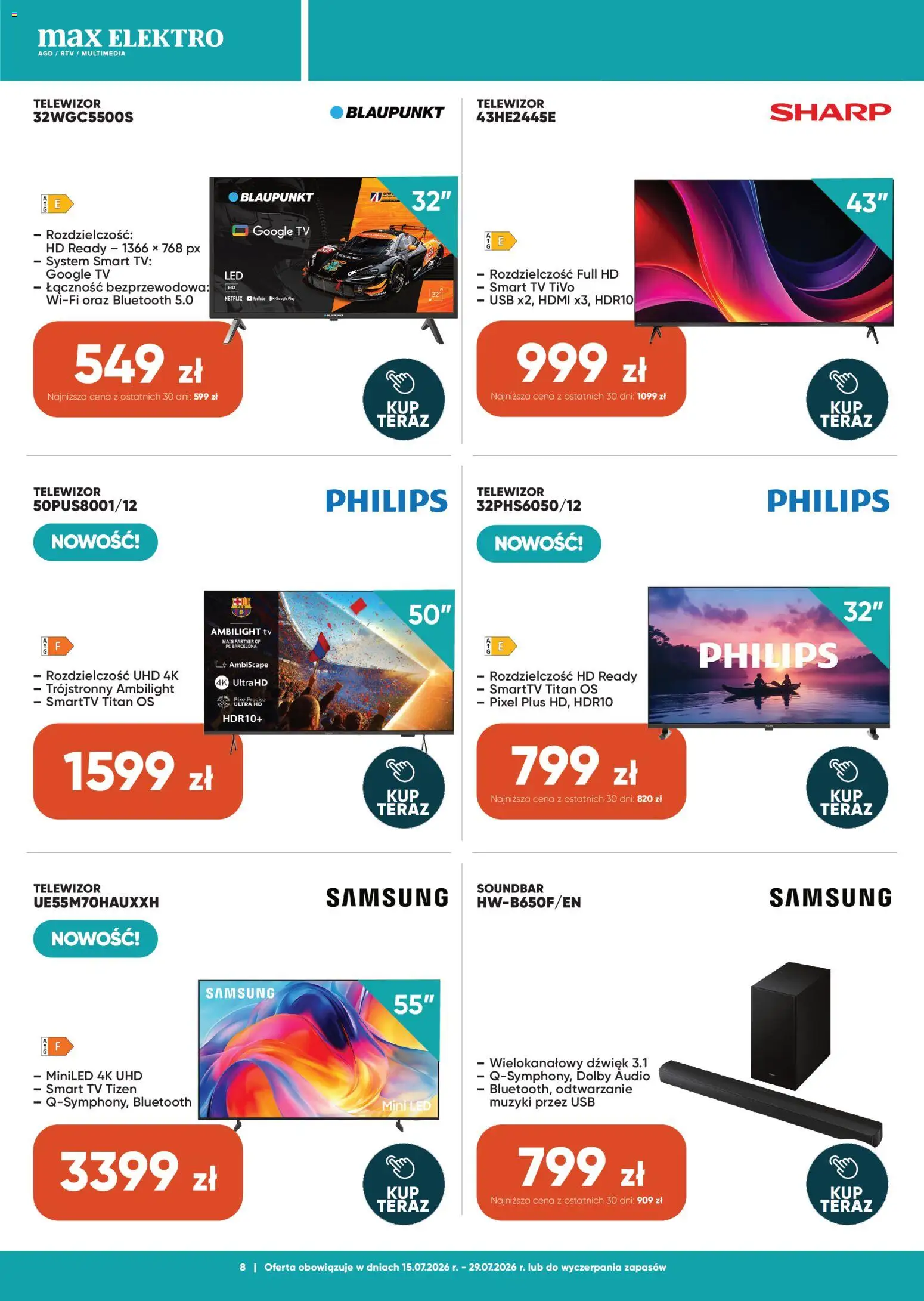 Max elektro gazetka od 15.07.2026 | Strona: 8 | Produkty: Telewizor, Audio, USB, Soundbar