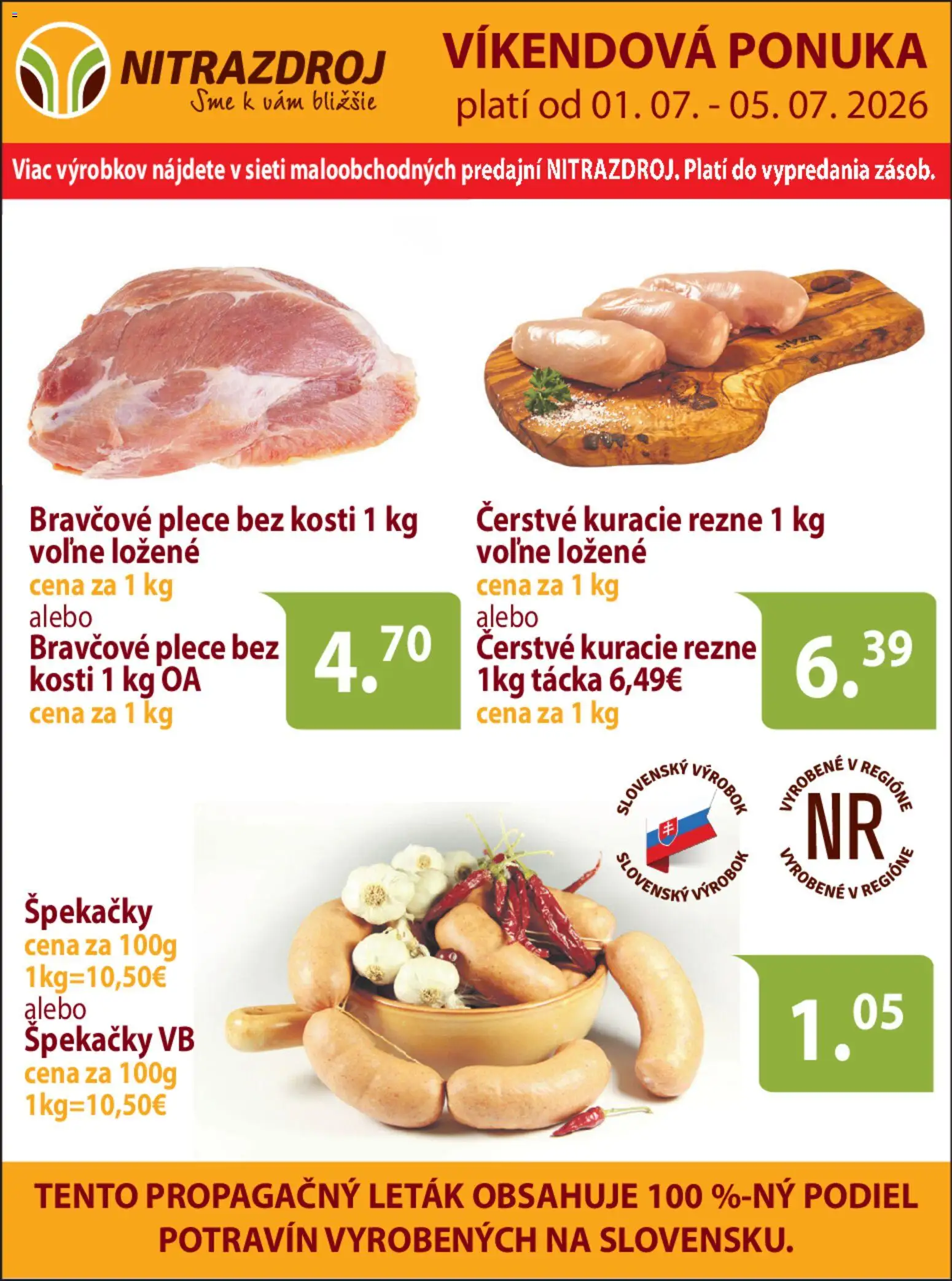 Nové Nitrazdroj akcie – leták je platný od 01.07.2026 | Strana: 1 | Produkty: Bravčové plece, Kuracie rezne