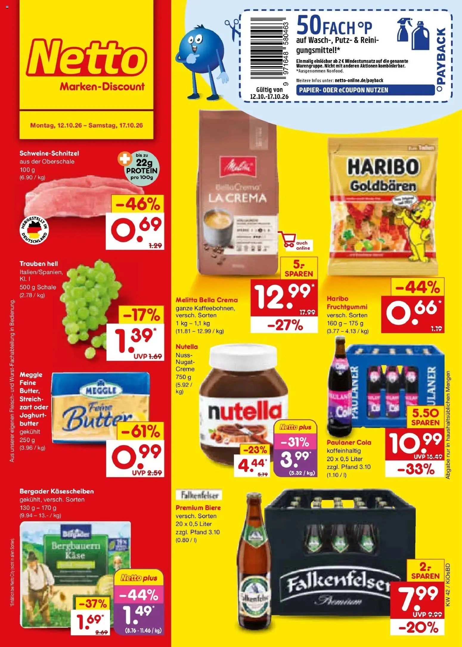 Netto Marken-Discount Prospekt Mistelbach (ab 12.10.2026) » Angebote | Seite: 1 | Produkte: Melitta, Haribo, Käse, Trauben