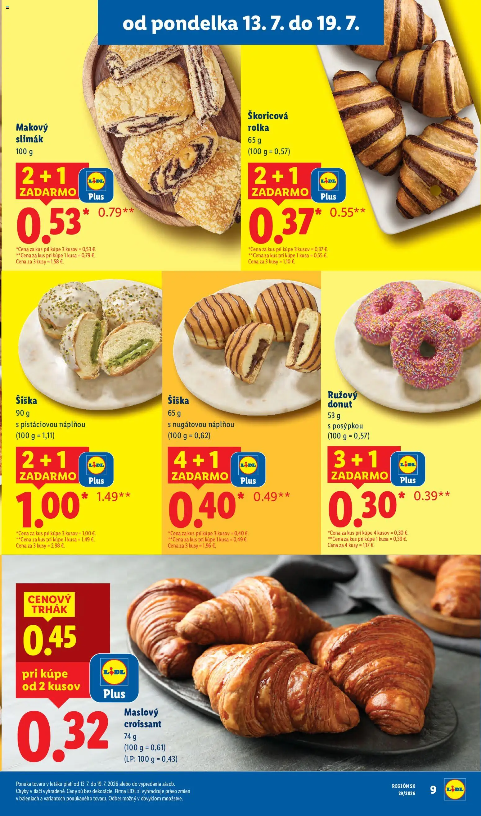 Nové Lidl akcie – leták je platný od 13.07.2026 | Strana: 13 | Produkty: Donut, Croissant, Šiška