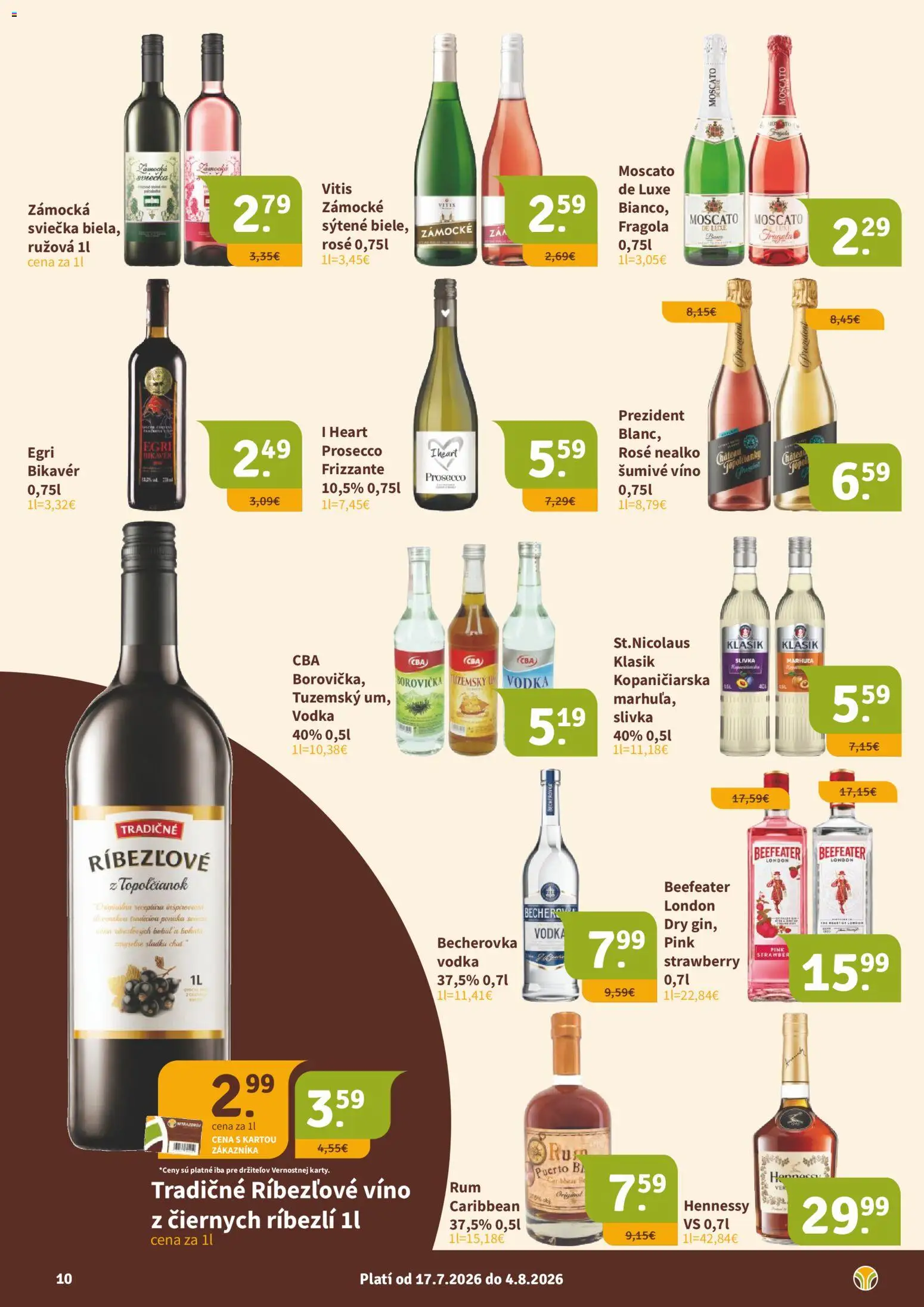 Nové Nitrazdroj akcie – leták je platný od 17.07.2026 | Strana: 10 | Produkty: Becherovka, Víno, Vodka, Hennessy