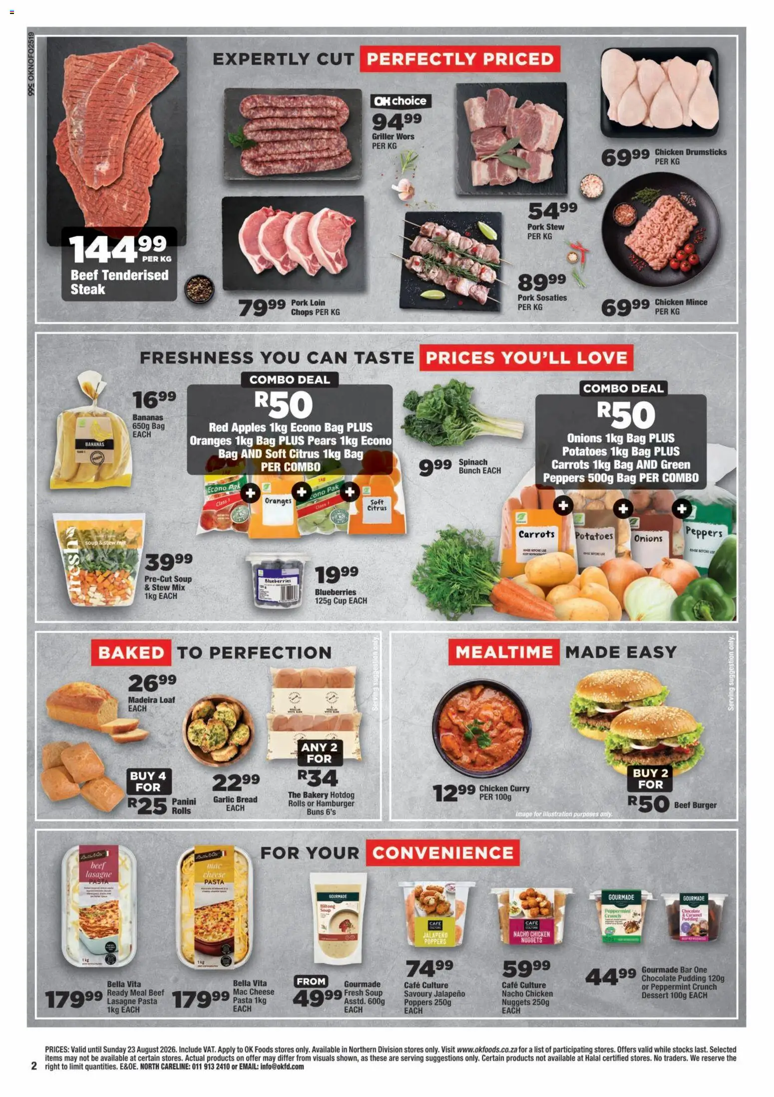 New OK Foods catalogue – valid from 12/08/2026 | Page: 2 | Products: Steak, Buns, Bananas, Potatoes
