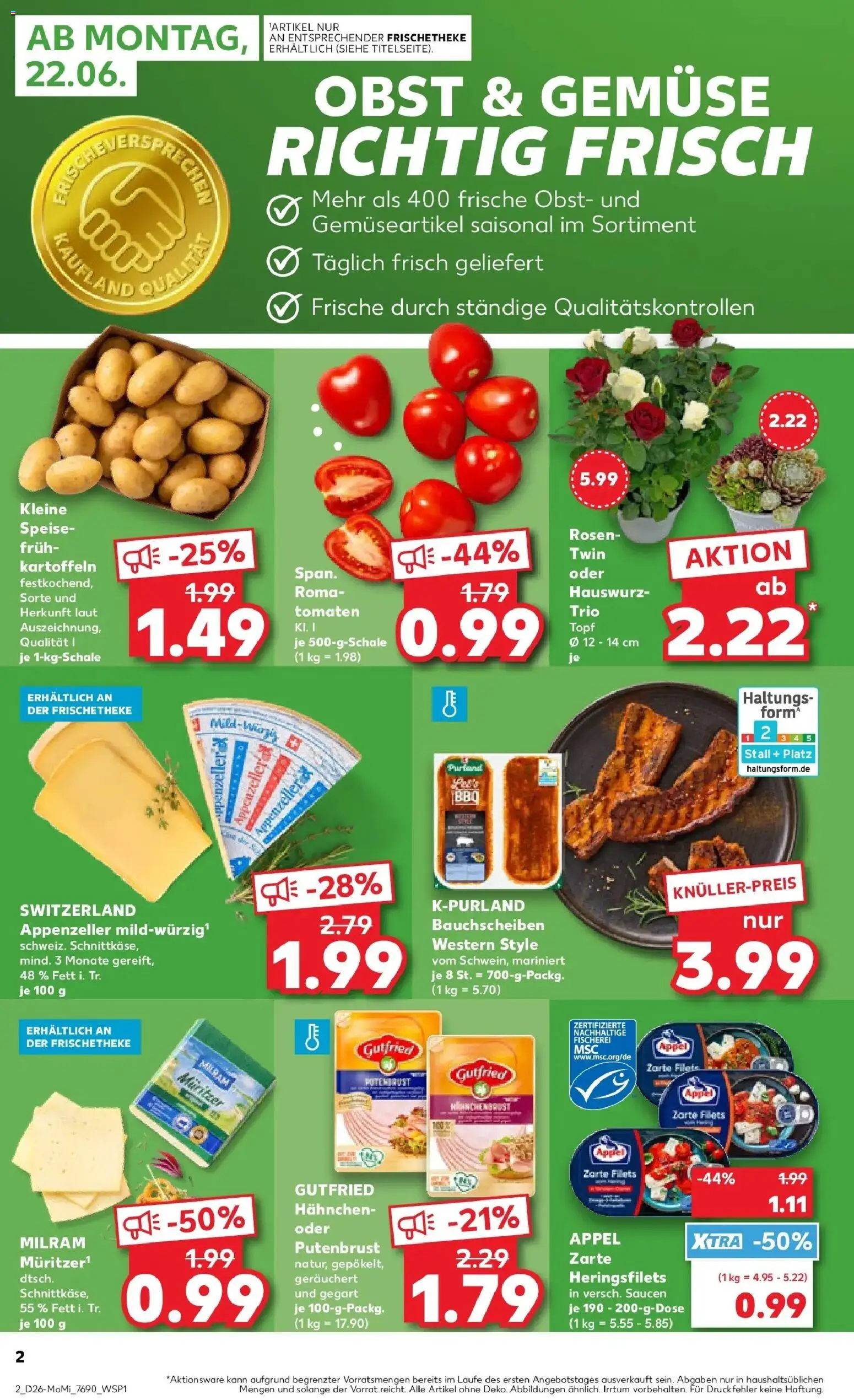 Kaufland Prospekt Calw – gültig ab 22.06.2026 | Seite: 2 | Produkte: Hahnchen, Kartoffeln, Gemüse, Obst