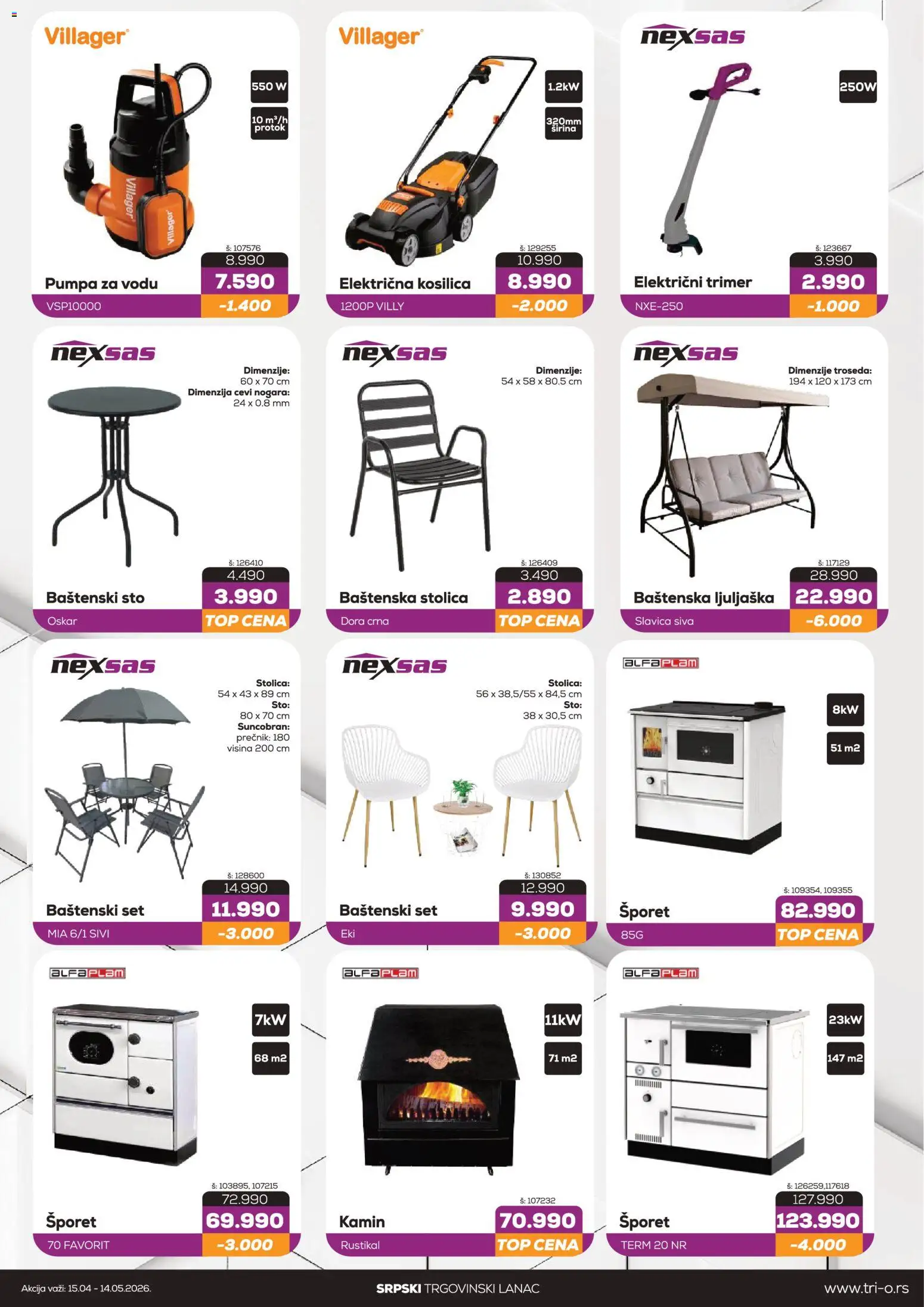 Tri O katalog - važi od 15.04.2026 | Strana: 2 | Proizvode: Baštenska stolica, Trimer, Suncobran, Kamin