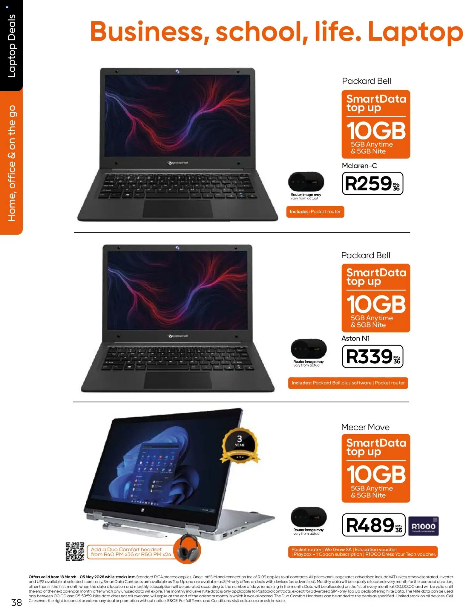 New Cell C catalogue – valid from 18.03.2026 | Page: 40 | Products: Data, Router, Headset, Laptop