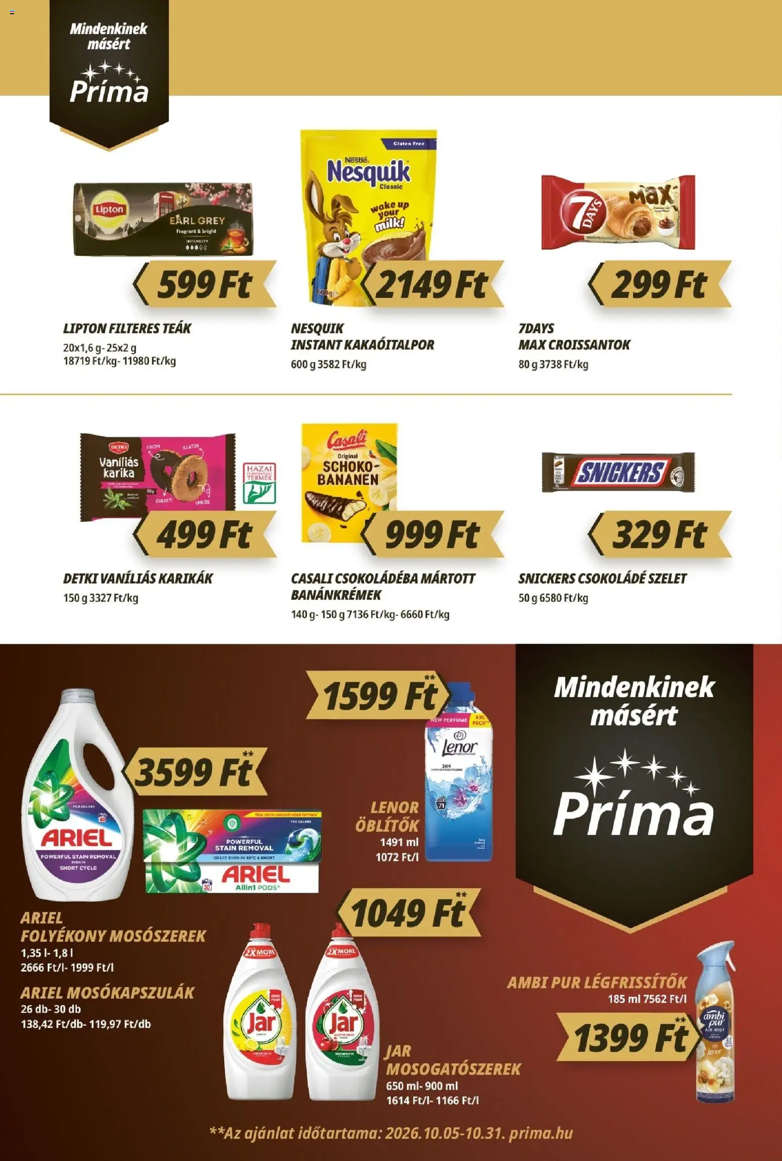 CBA Príma akciós ujság - amely érvényes a következő dátumtól: 2026.10.15. | Oldal: 8 | Termékek: Ariel, Snickers, Earl Grey, Detki