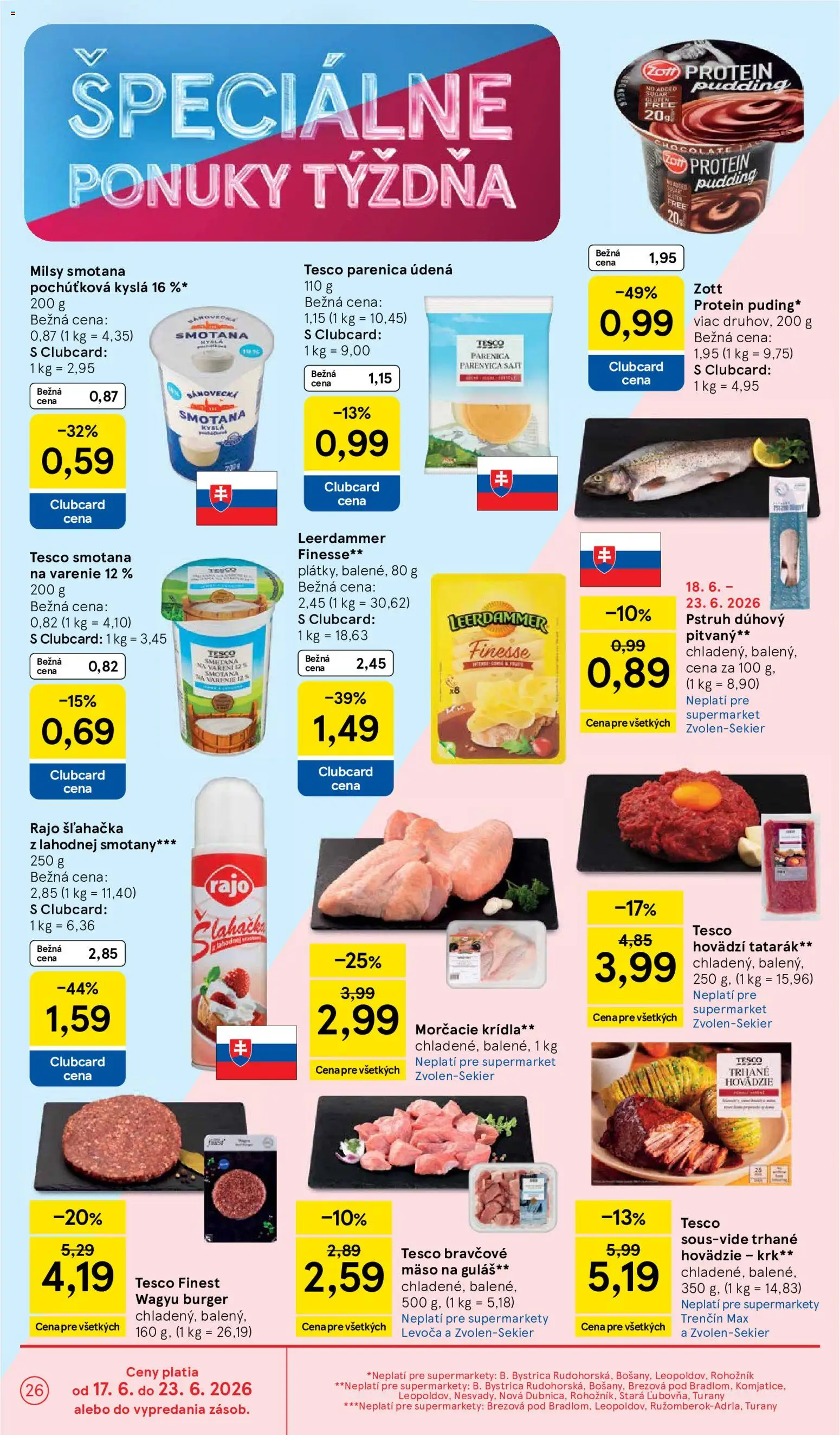 Nové Tesco akcie – leták je platný od 17.06.2026 | Strana: 26 | Produkty: Smotana, Protein, Pstruh, Tatarák
