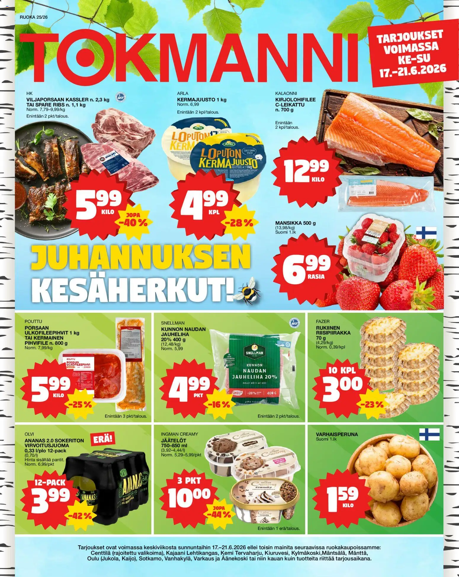 Tokmanni Ruokatarjoukset – voimassa 17.06.2026 alkaen | Sivu: 1 | Tuotteet: Jauheliha, Kermajuusto, Ananas