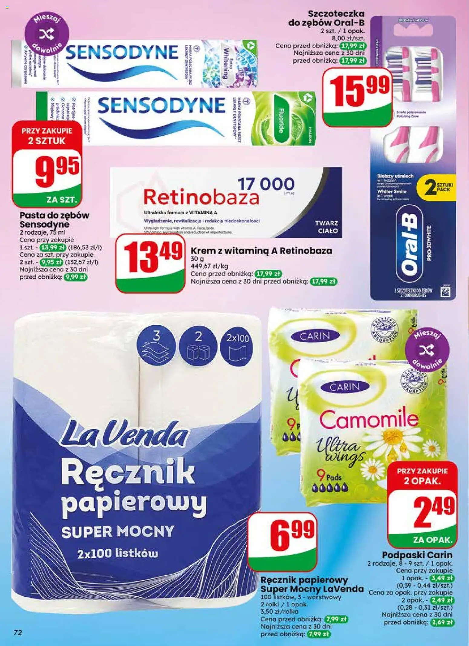 Dino gazetka od 13.05.2026 | Strona: 72 | Produkty: Podpaski, Krem, Szczoteczka do zębów, Ręcznik papierowy