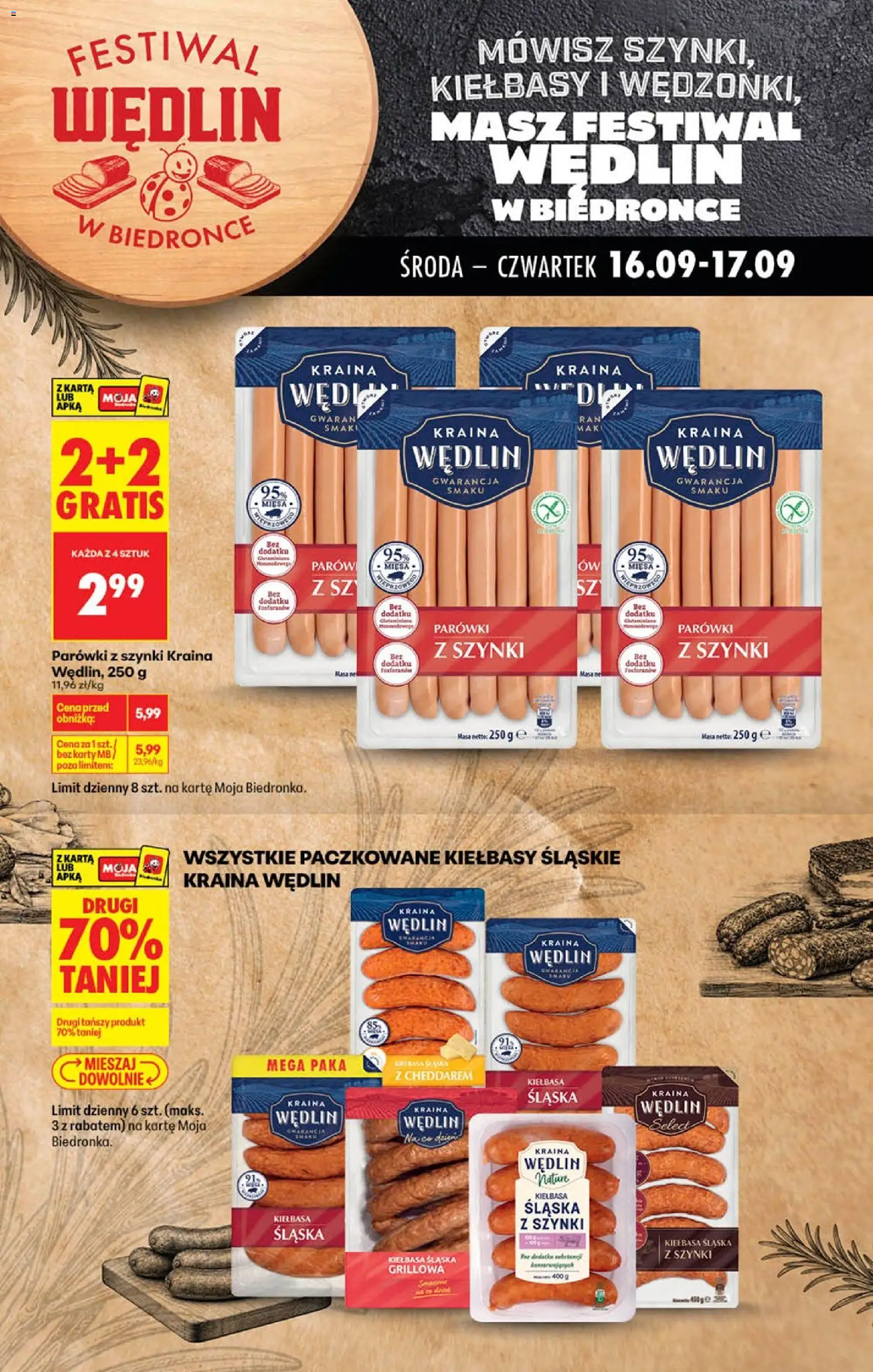 Biedronka gazetka - Festiwal wędlin od 16.09.2026 | Strona: 1 | Produkty: Kiełbasa, Parówki z szynki, Parówki, Kiełbasa śląska