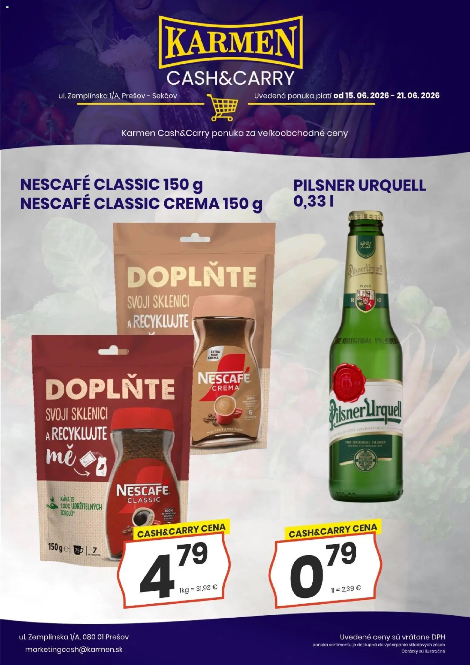 Nové KARMEN CBA akcie – leták je platný od 15.06.2026 | Strana: 2 | Produkty: Pilsner Urquell, Káva, Nescafé Classic, Nescafé Crema