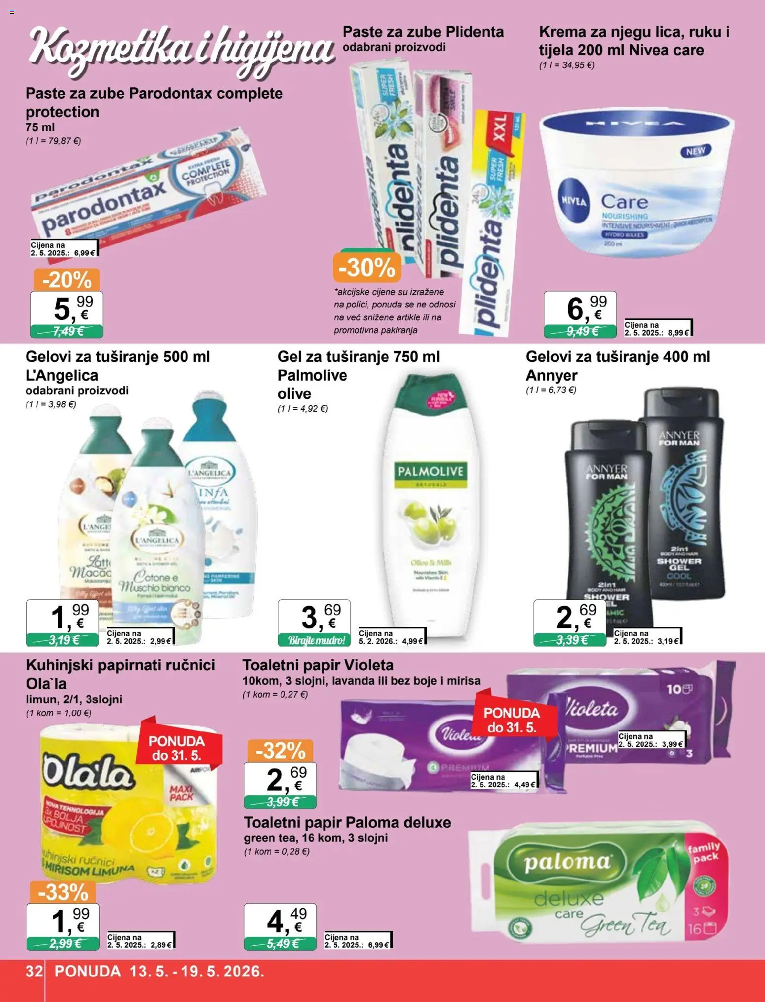KTC katalog | vrijedi od 13.05.2026 | Stranica: 32 | Proizvodi: Gel za tuširanje, Krema, Toaletni papir, L'Angelica