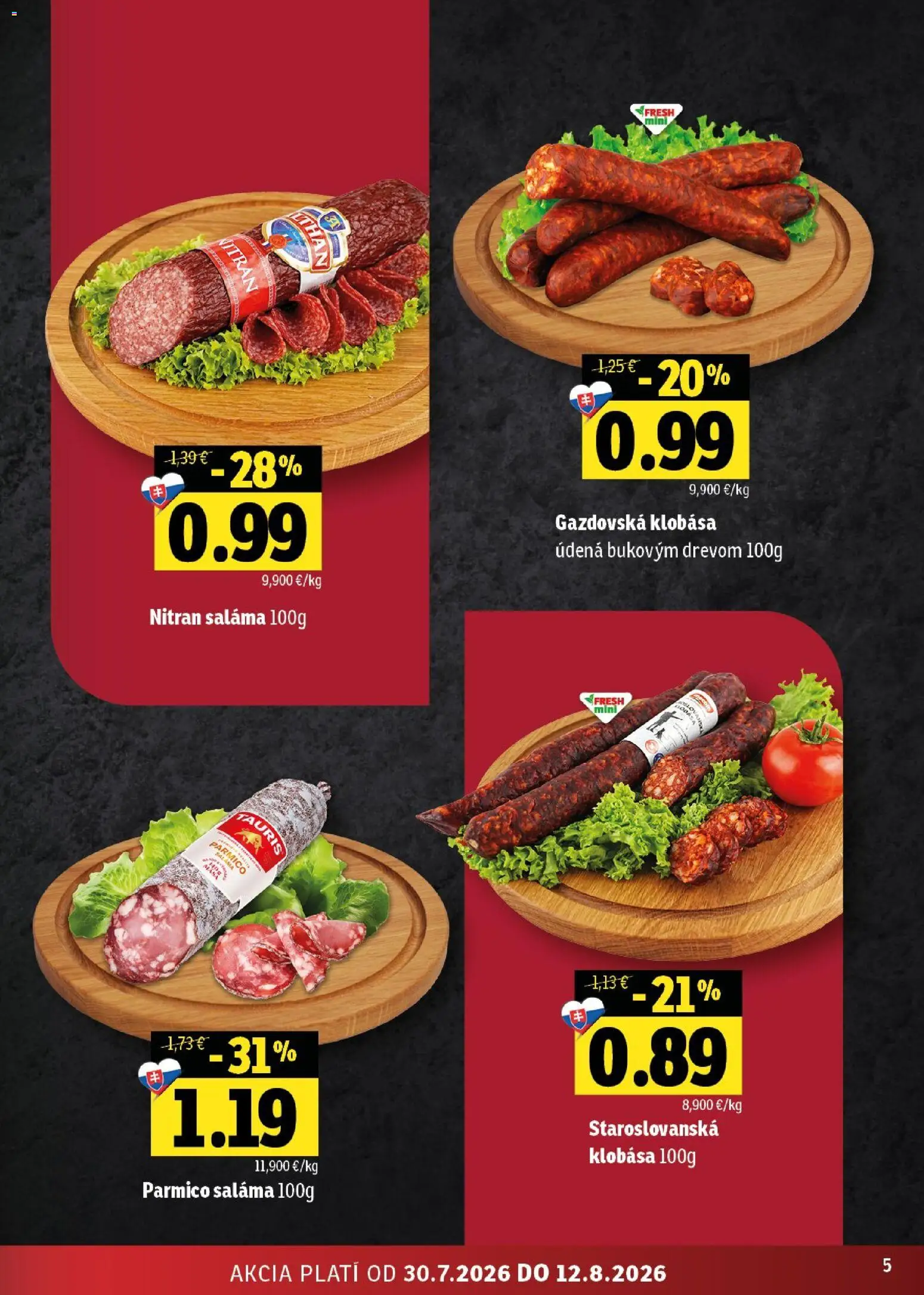 Nové Fresh akcie – leták je platný od 30.07.2026 | Strana: 5 | Produkty: Saláma, Klobása