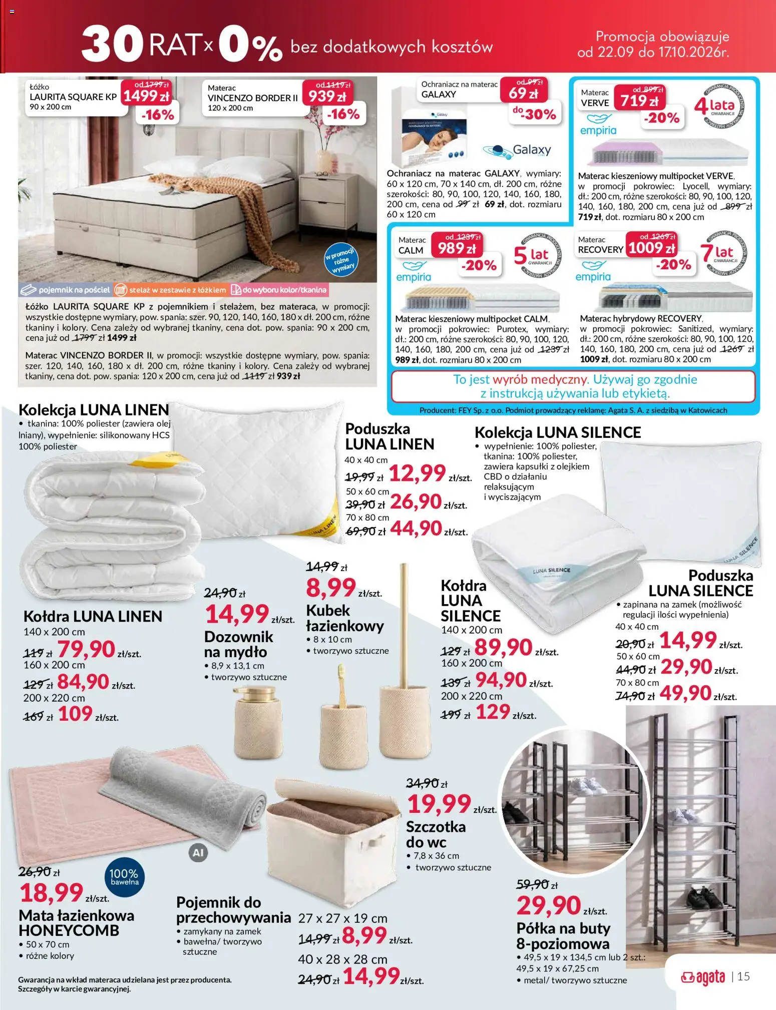 Salony Agata gazetka od 22.09.2026 | Strona: 15 | Produkty: Materac, Olej, Szczotka, Mata łazienkowa