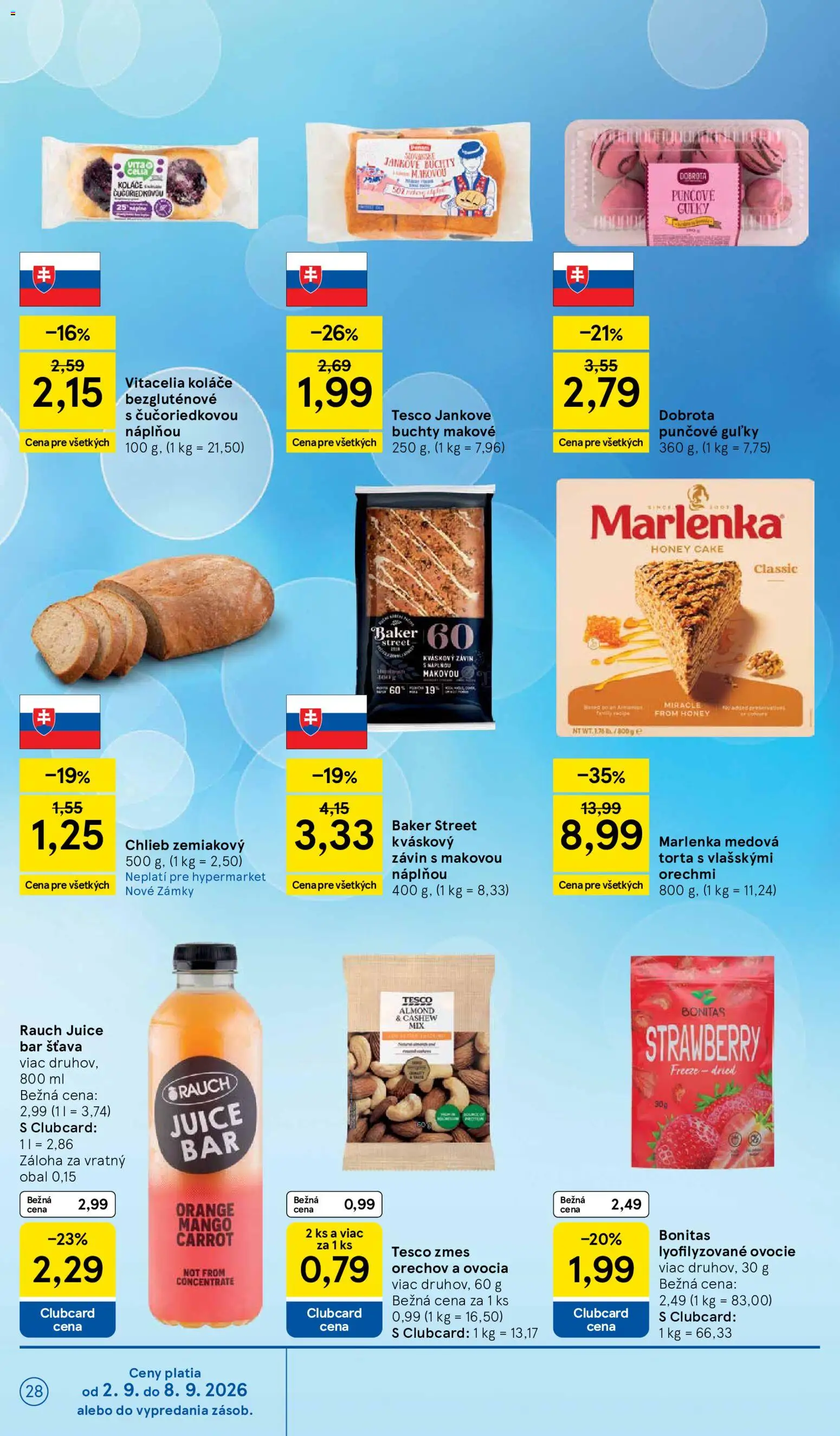 Nové Tesco akcie – leták je platný od 02.09.2026 | Strana: 28 | Produkty: Chlieb, Lyofilizované ovocie, Závin, Torta