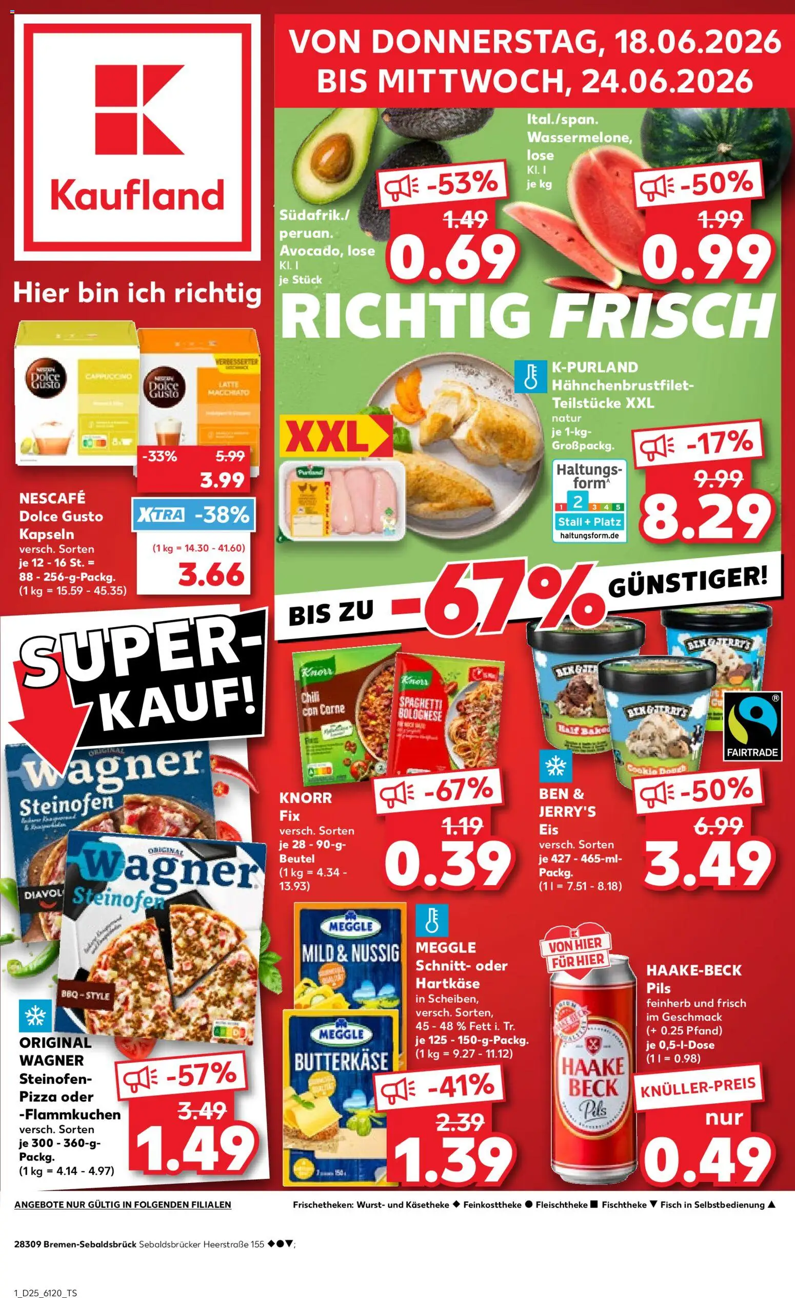 Kaufland Německo leták - Bremen od 18.06.2026 | Strana: 1 | Produkty: Pizza, Knorr, Forma, Nescafé
