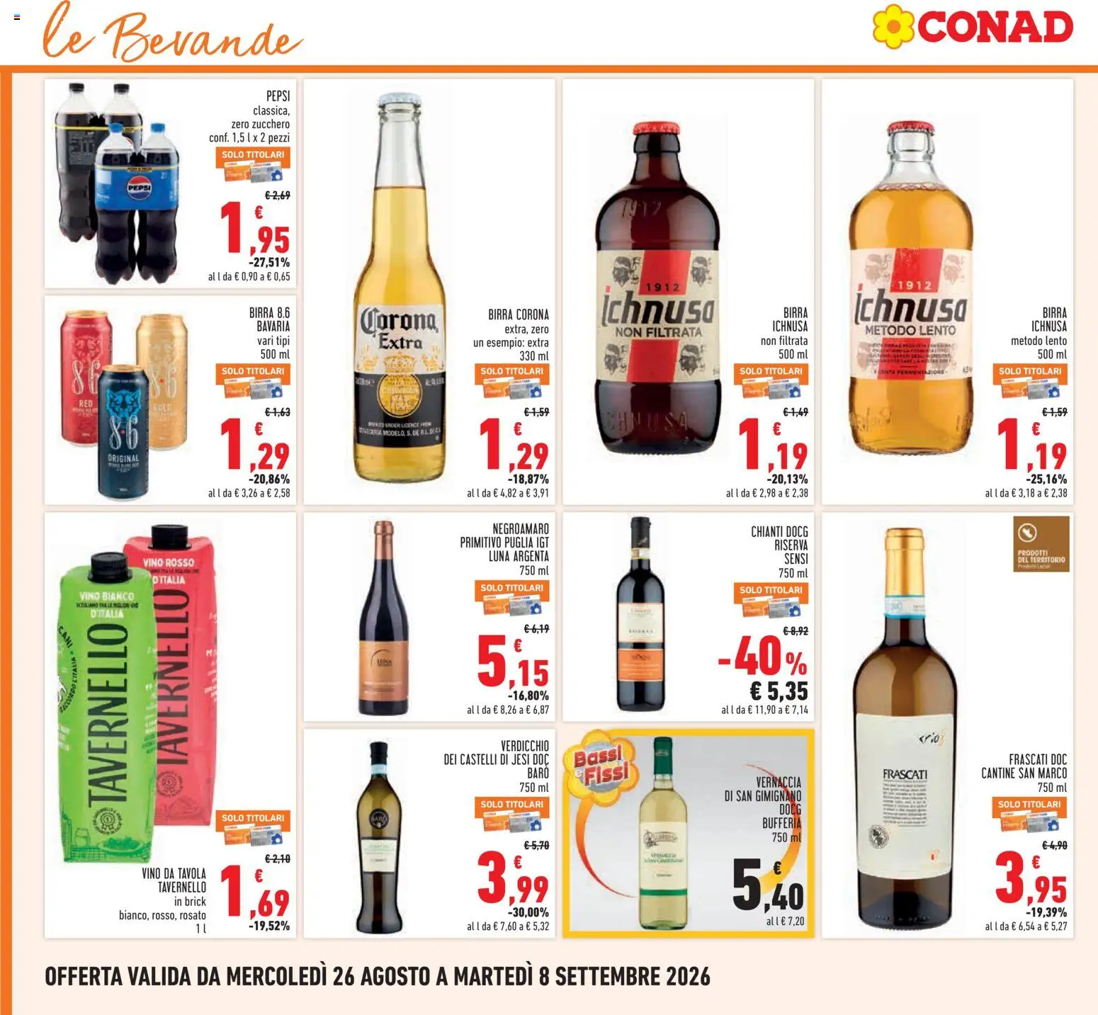 Volantino Conad del 26/08/2026 | Pagina: 20 | Prodotti: Zucchero, Corona Extra, Vino bianco, Birra Ichnusa