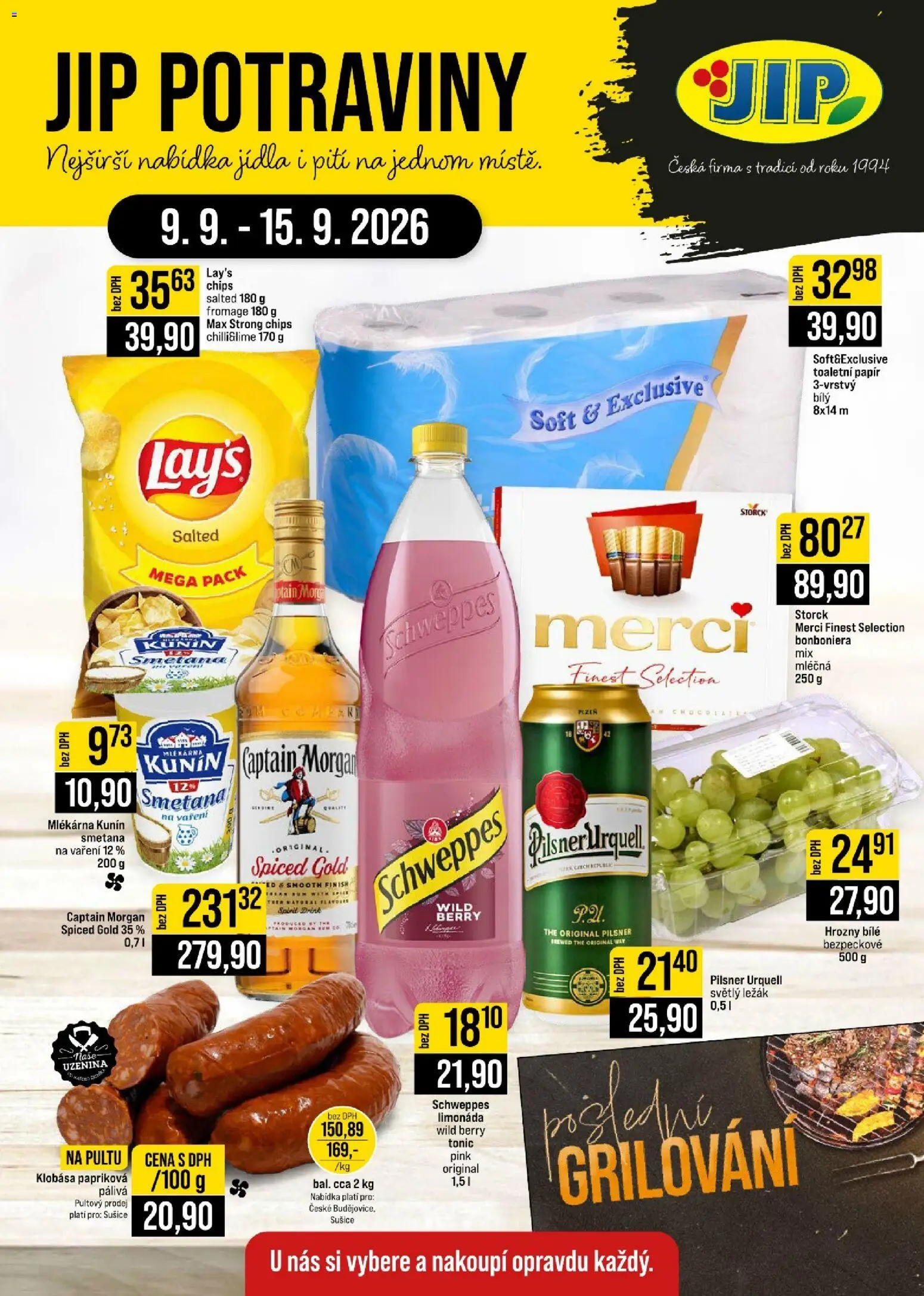 Jip leták - Cash & Carry od 09.09.2026 | Strana: 1 | Produkty: Merci, Potraviny, Captain Morgan, Toaletní papír 3vrstvý