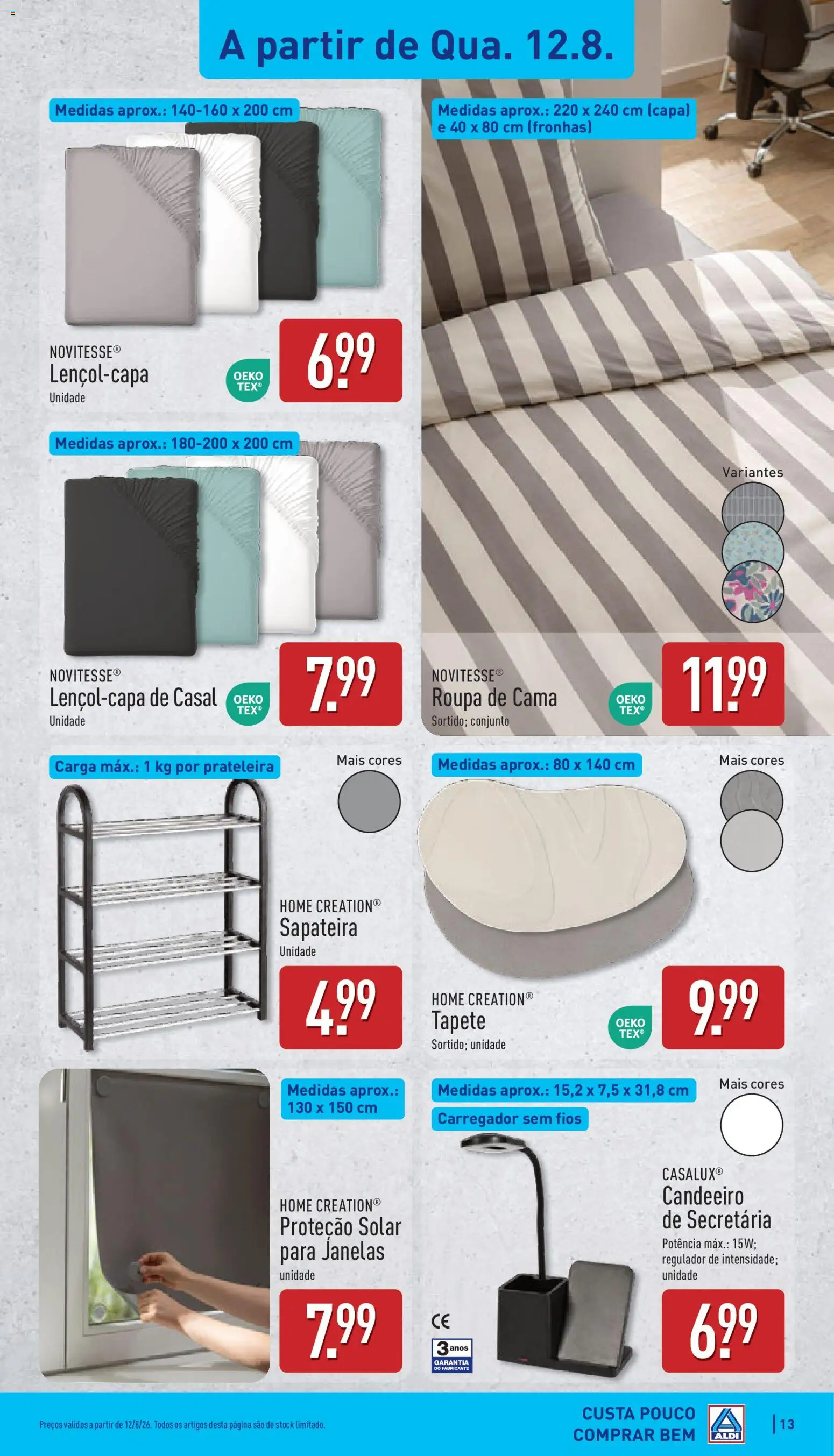 Aldi folheto │ válido de 10/08/2026 | Página: 13 | Produtos: Candeeiro, Cama, Tapete, Roupa de cama