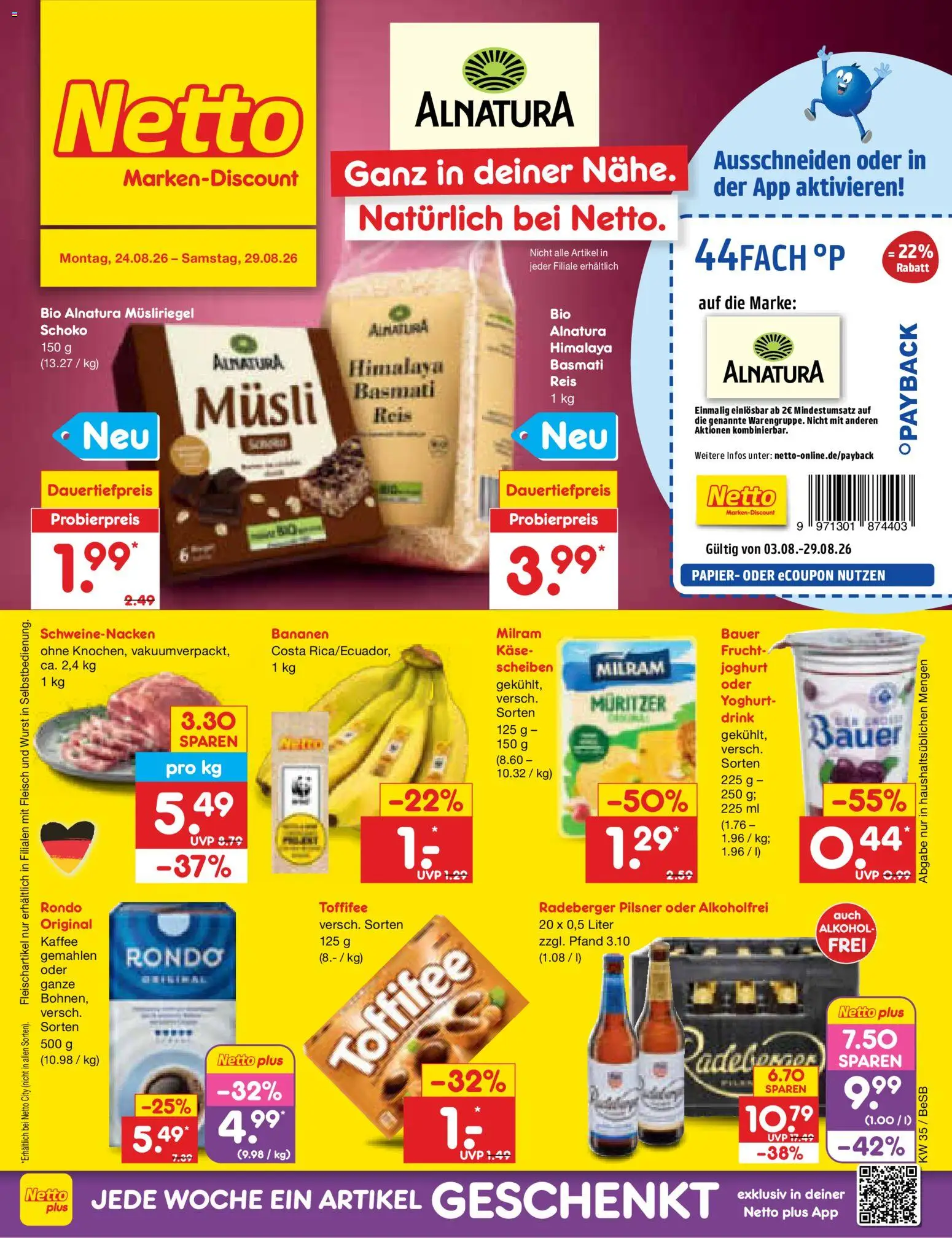 Netto Marken-Discount Prospekt – gültig ab 24.08.2026 | Seite: 1 | Produkte: Schweinenacken, Bananen, Milram, Toffifee