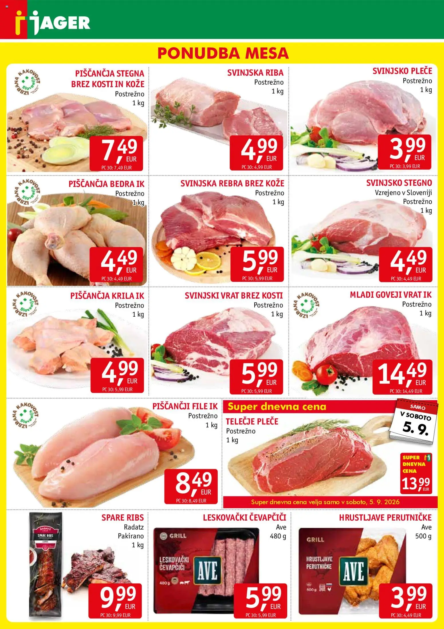 Novi Jager katalog ponudbe – veljaven od 02.09.2026 | Stran: 3 | Izdelki: Čevapčiči, Piščančja bedra, Piščančja krila, Riba