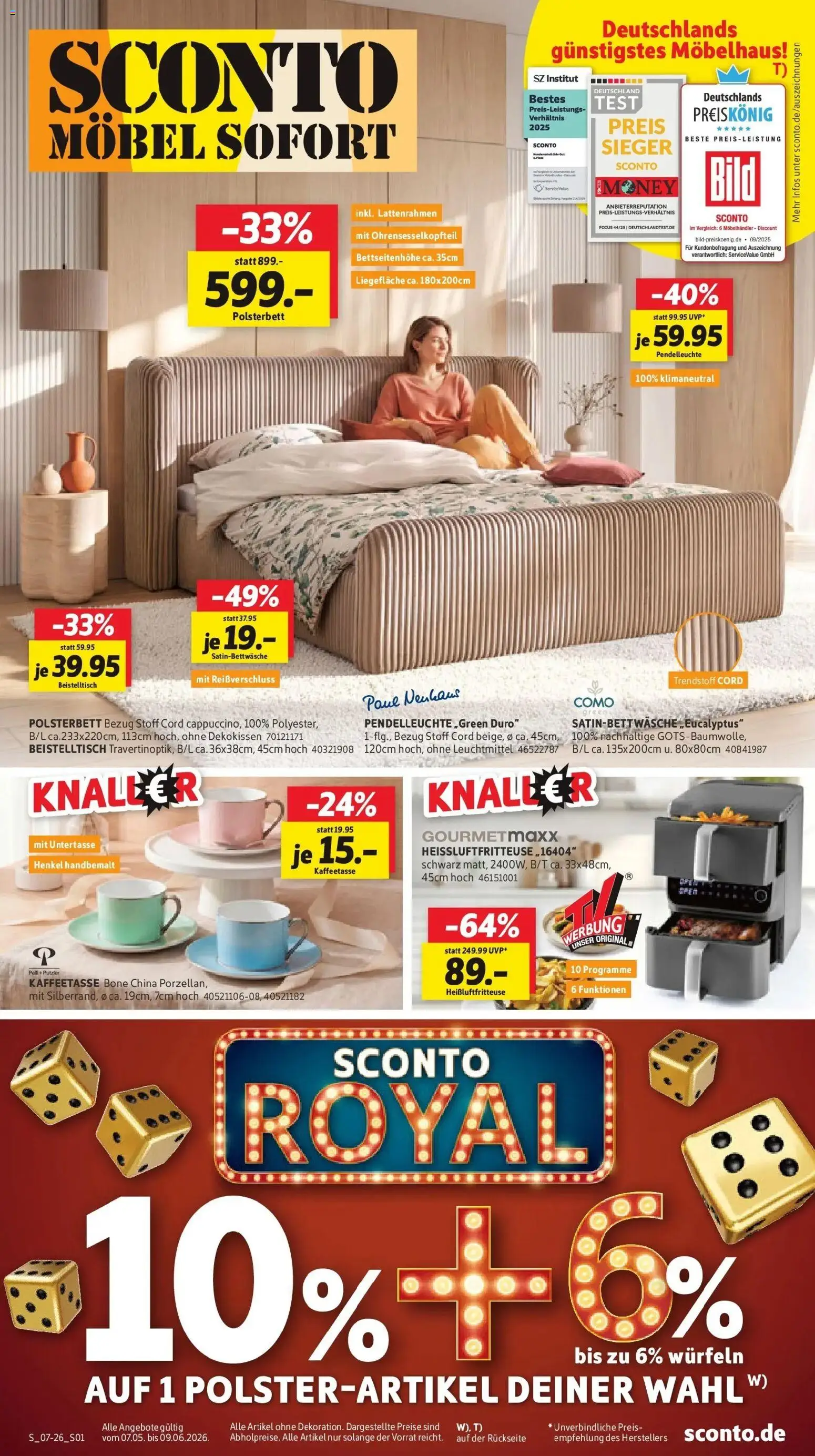 Sconto Prospekt Großpösna – gültig ab 07.05.2026 | Seite: 1 | Produkte: Beistelltisch, Polsterbett, Heißluftfritteuse