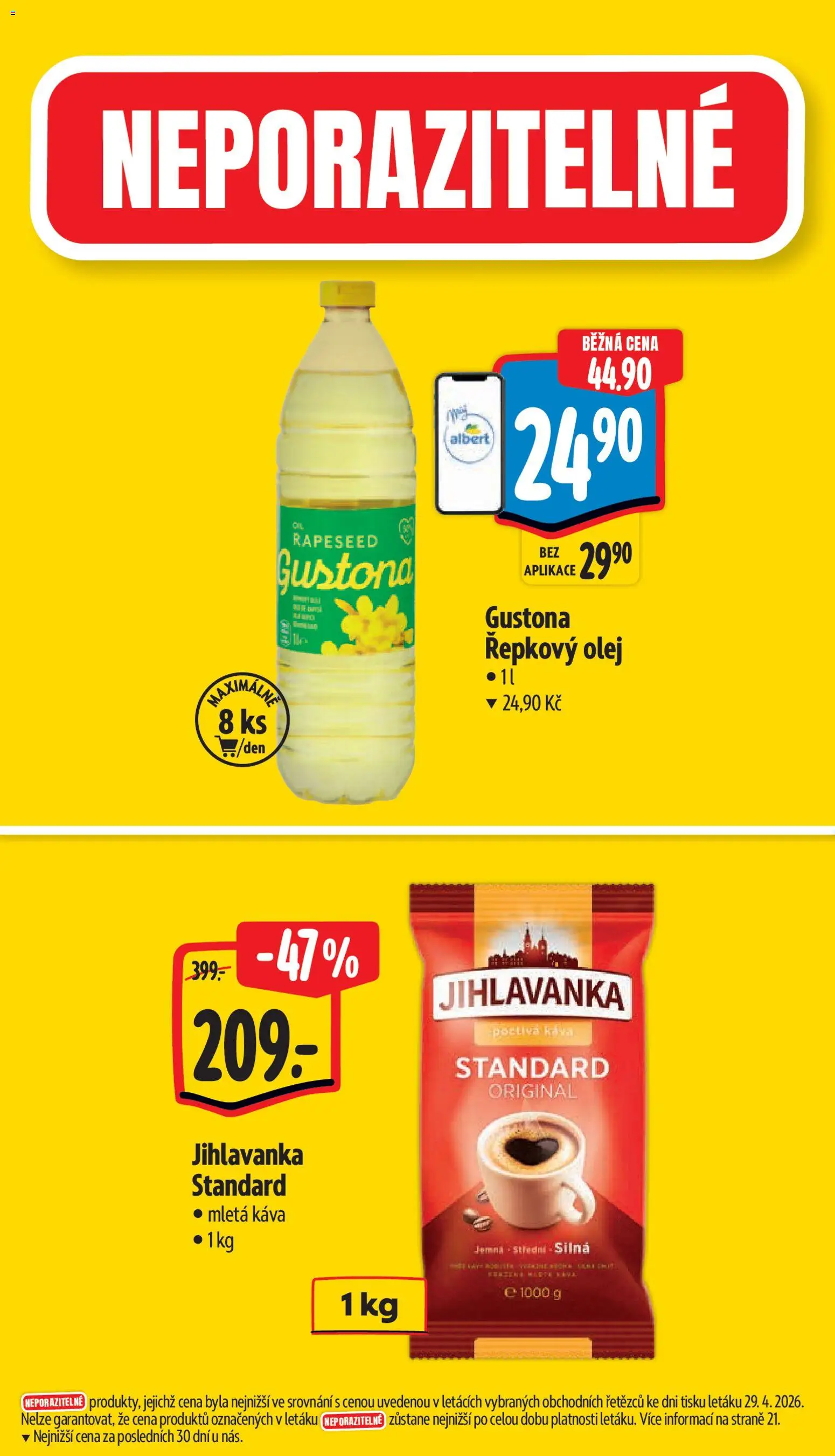 Albert leták - Supermarket od 06.05.2026 | Strana: 4 | Produkty: Olej, Řepkový olej, Káva Standard, Jihlavanka
