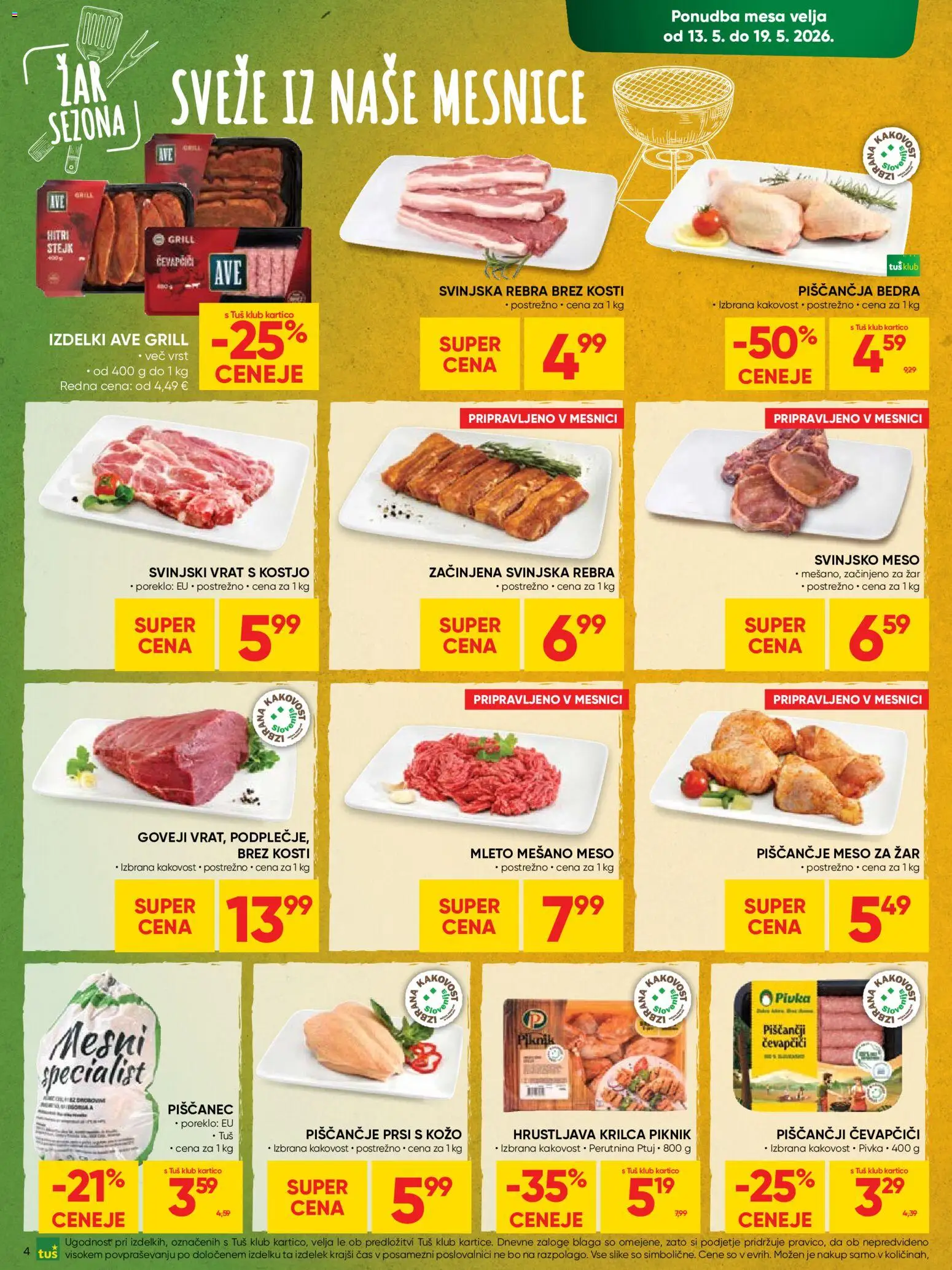 Novi Tuš katalog ponudbe – veljaven od 13.05.2026 | Stran: 4 | Izdelki: Čevapčiči, Zar, Piscancje meso, Svinjsko meso