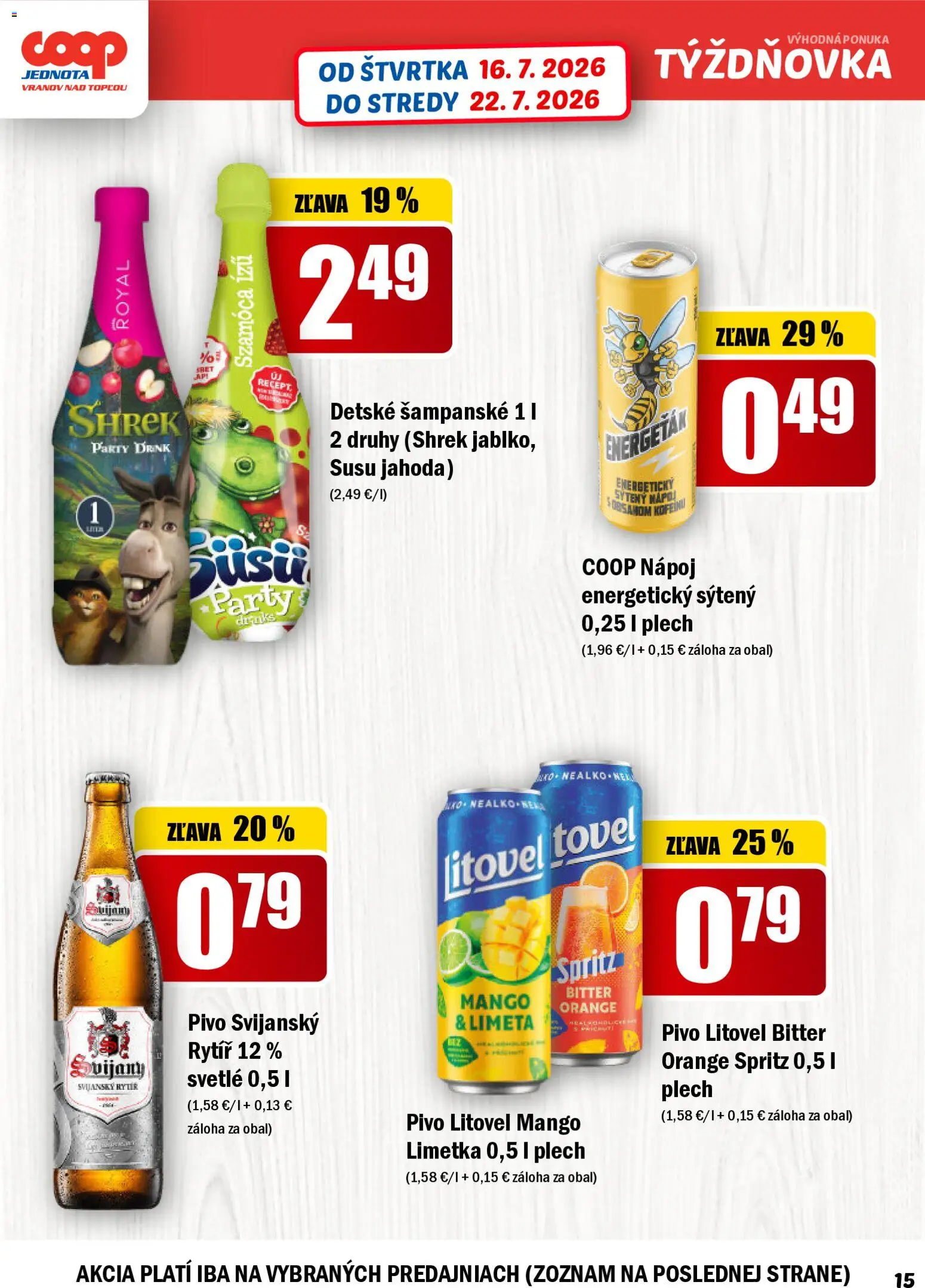 Nové COOP Jednota akcie – leták je platný od 16.07.2026 | Strana: 15 | Produkty: Limetka, Pivo, Mango, Šampanské