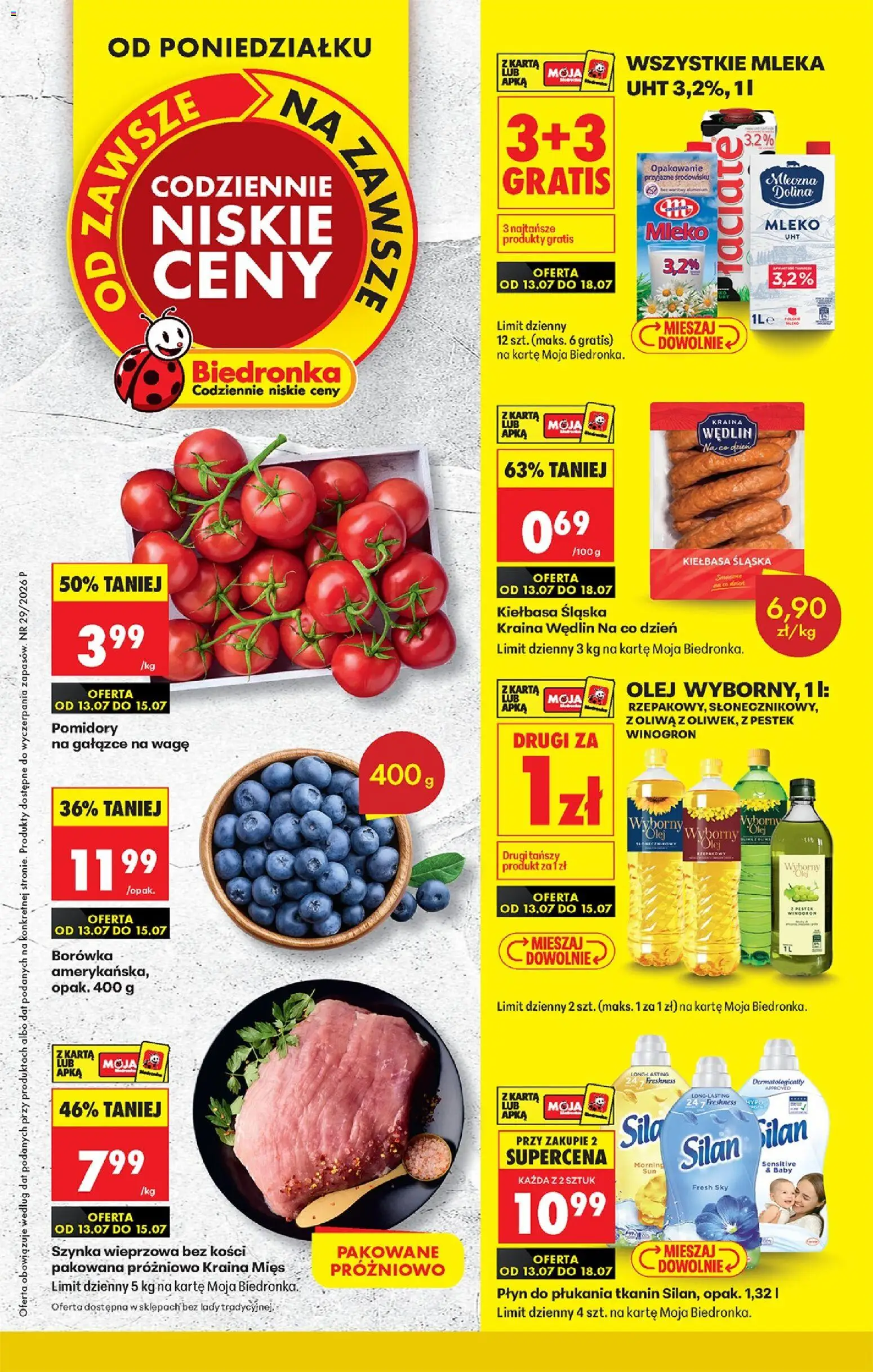 Biedronka Polsko leták od 13.07.2026 | Strana: 1 | Produkty: Mléko, Olej, Silan
