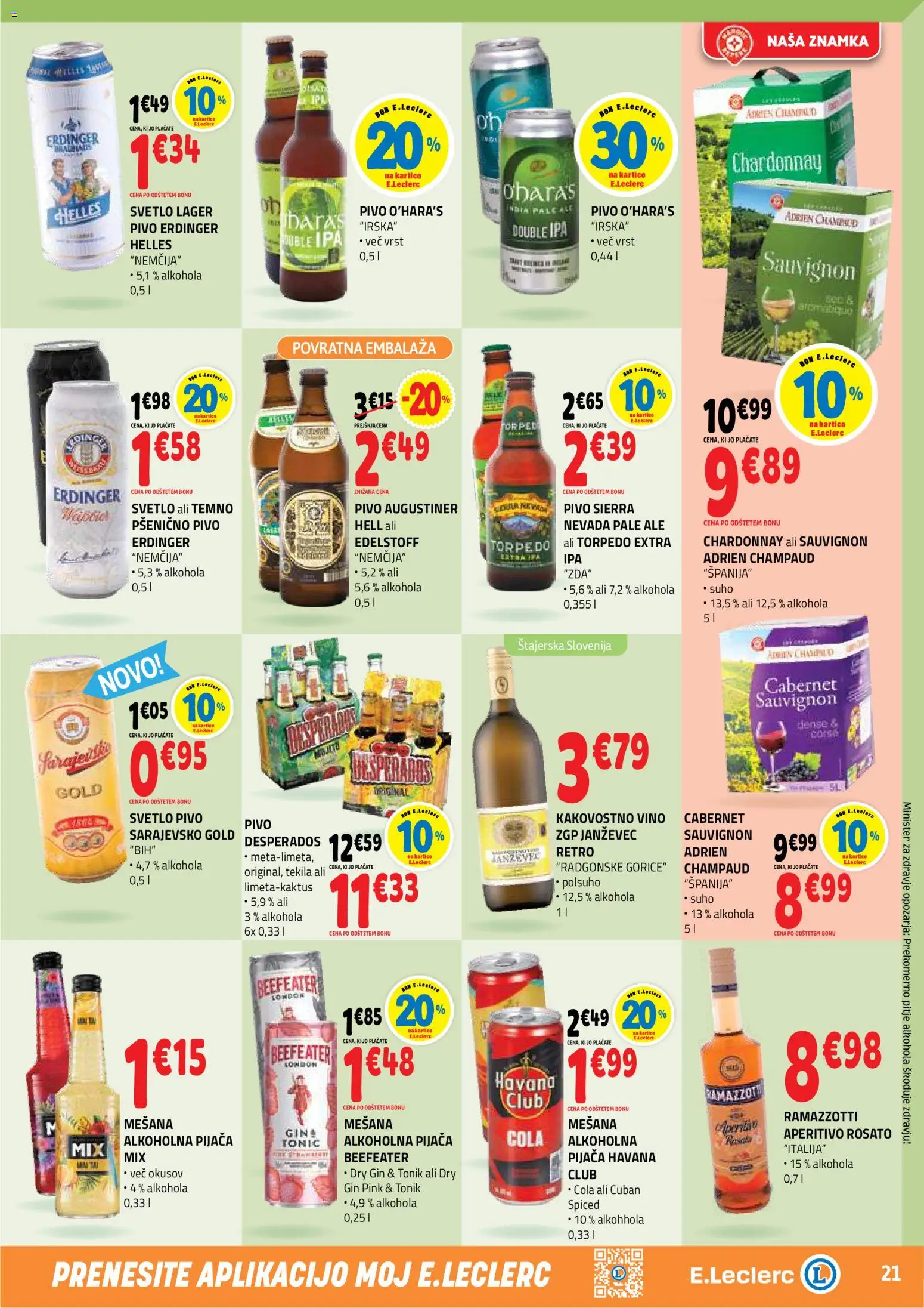 Novi E.leclerc katalog ponudbe – veljaven od 08.07.2026 | Stran: 21 | Izdelki: Vino, Pivo, Tonik, Gin