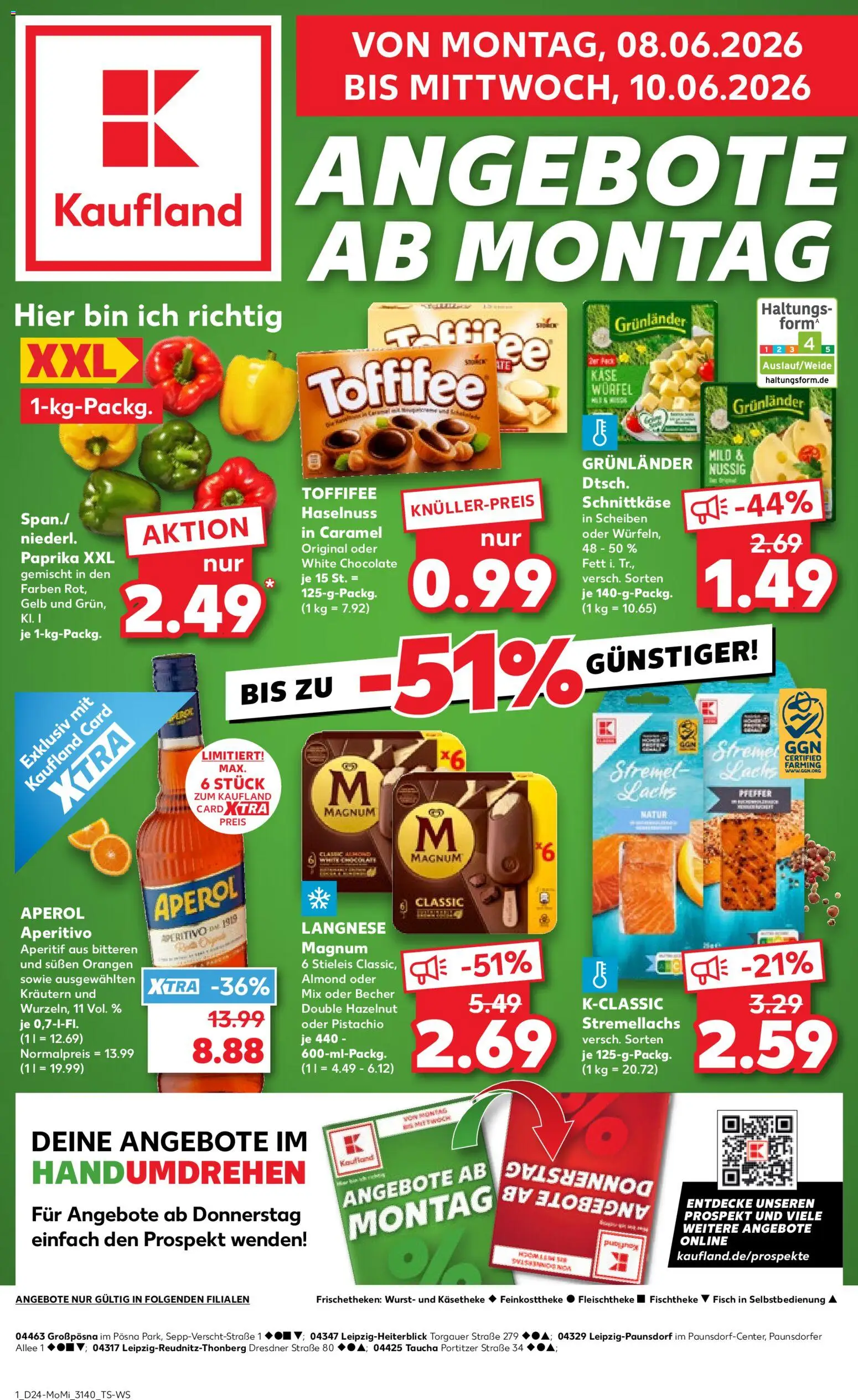 Kaufland Prospekt Leipzig – gültig ab 08.06.2026 | Seite: 1 | Produkte: Langnese, Käse, Orangen, Aperol