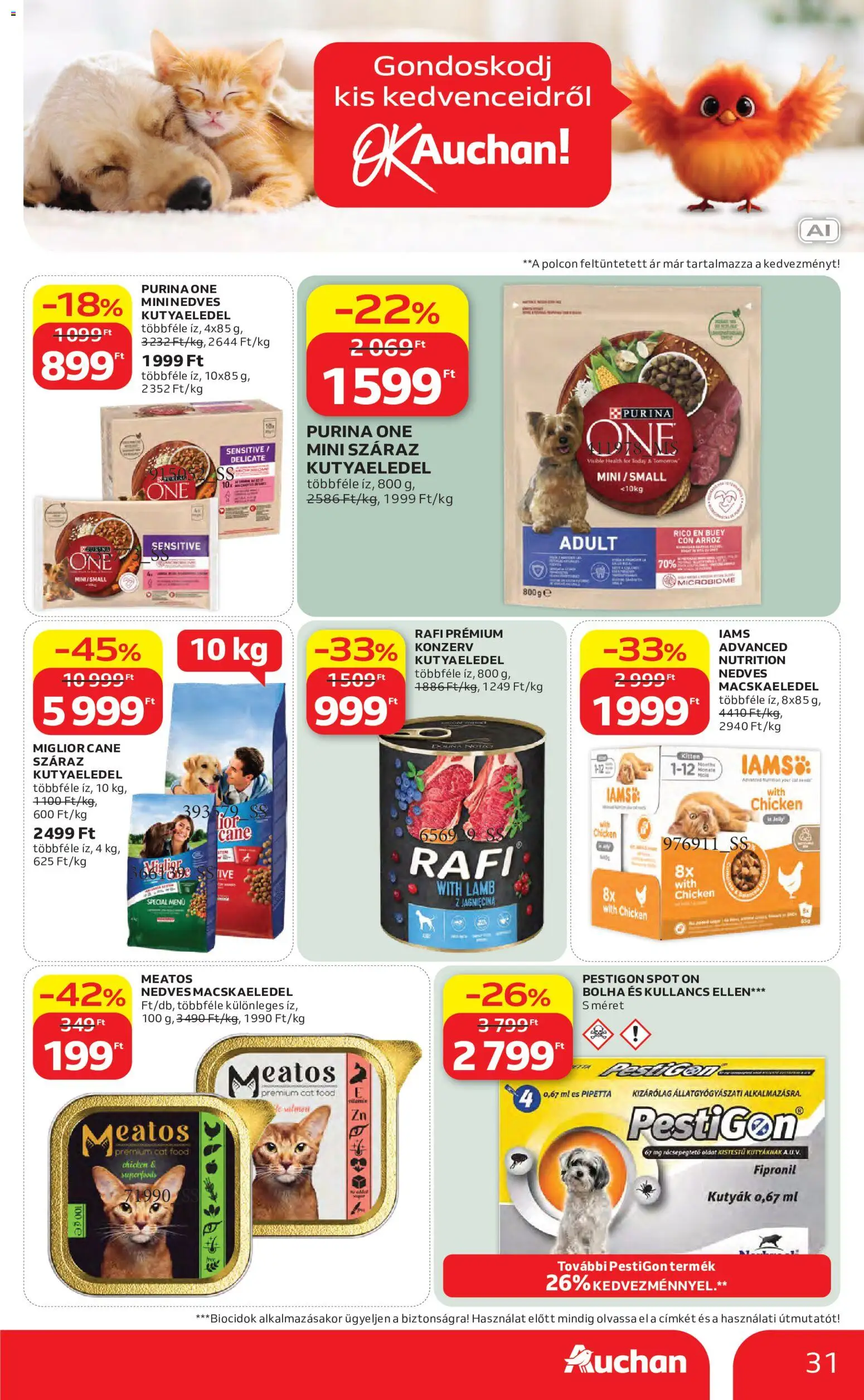 Auchan akciós ujság - amely érvényes a következő dátumtól: 2026.08.27. | Oldal: 31 | Termékek: Macskaeledel, Kutyaeledel, Purina one, Purina