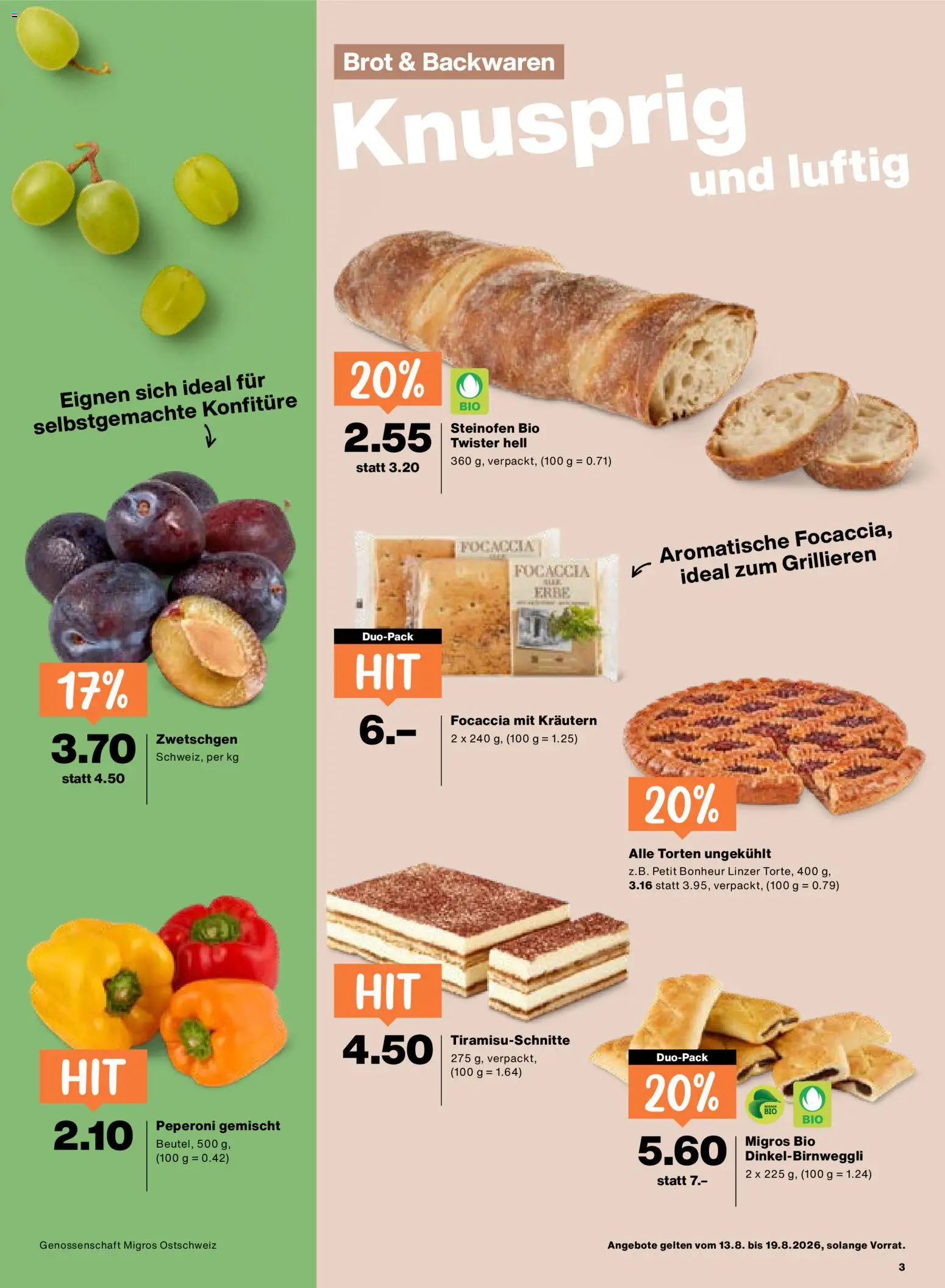 Migros aktionen – gültig ab 13.08.2026 | Seite: 3 | Produkte: Zwetschgen, Brot, Focaccia