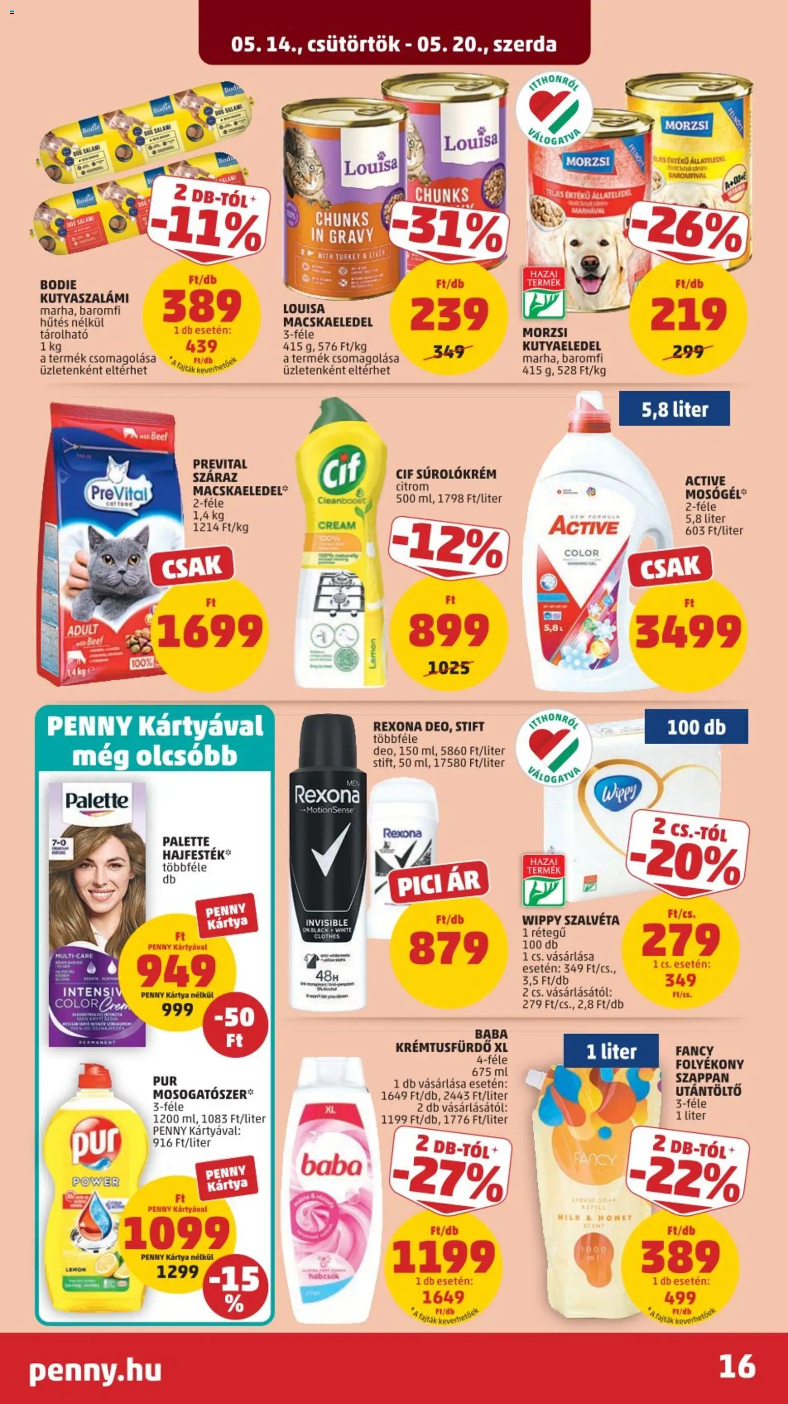 PENNY akciós ujság - amely érvényes a következő dátumtól: 14.05.2026 | Oldal: 20 | Termékek: Macskaeledel, Folyékony szappan, Stift, Szappan