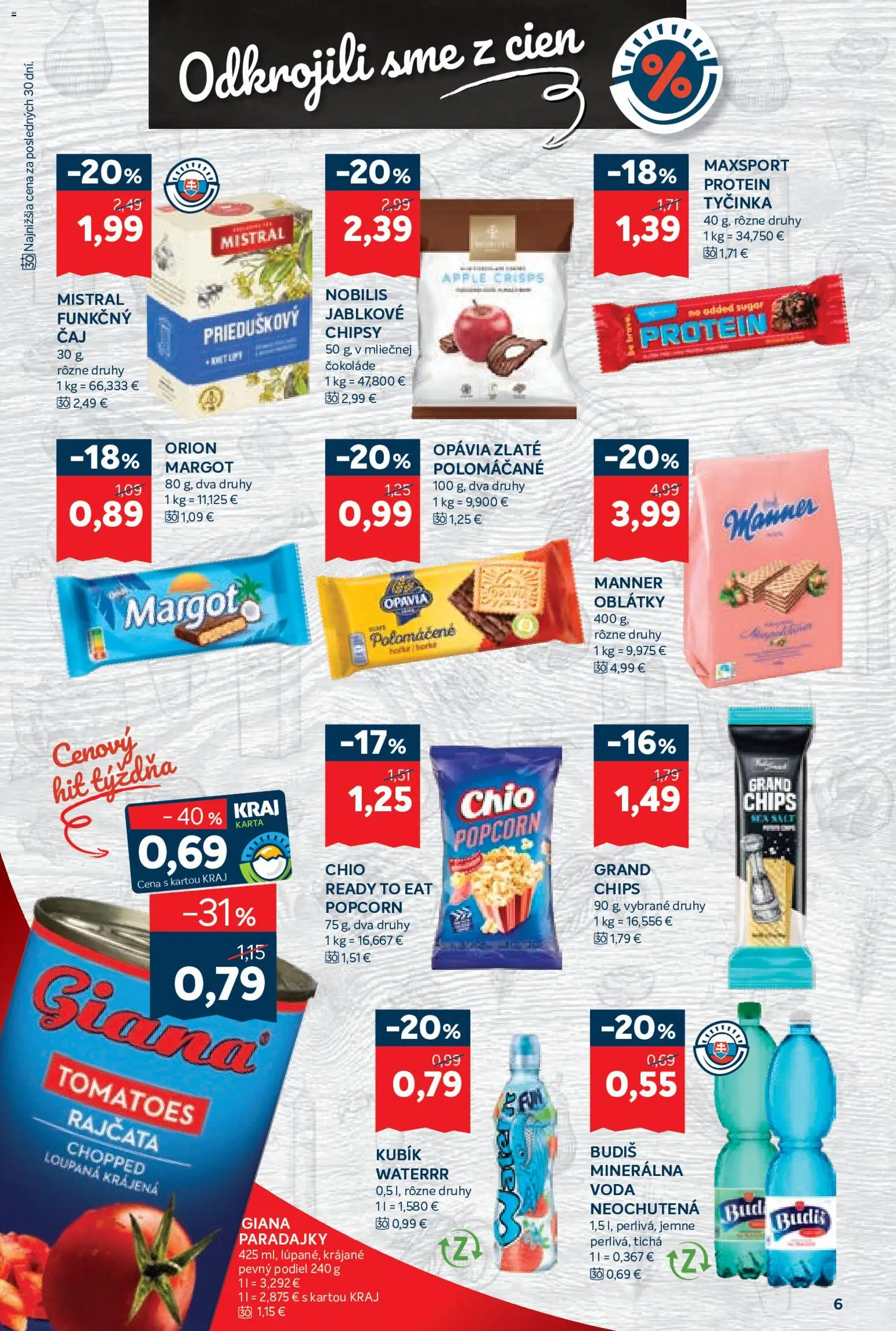 Nové Kraj akcie – leták je platný od 09.07.2026 | Strana: 10 | Produkty: Paradajky, Budiš, Chipsy, Voda