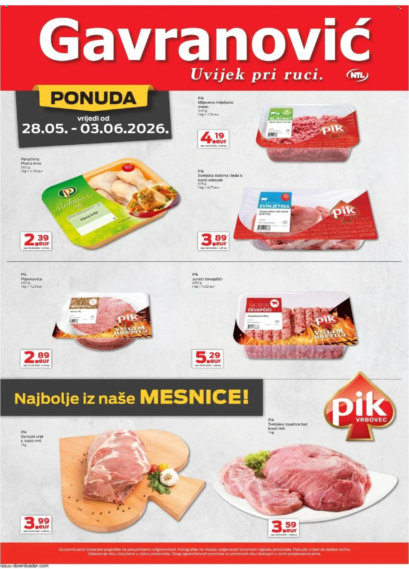 Gavranović katalog | vrijedi od 28.05.2026 | Stranica: 4 | Proizvodi: Pileća krila, Svinjski vrat, Meso, Lopatica